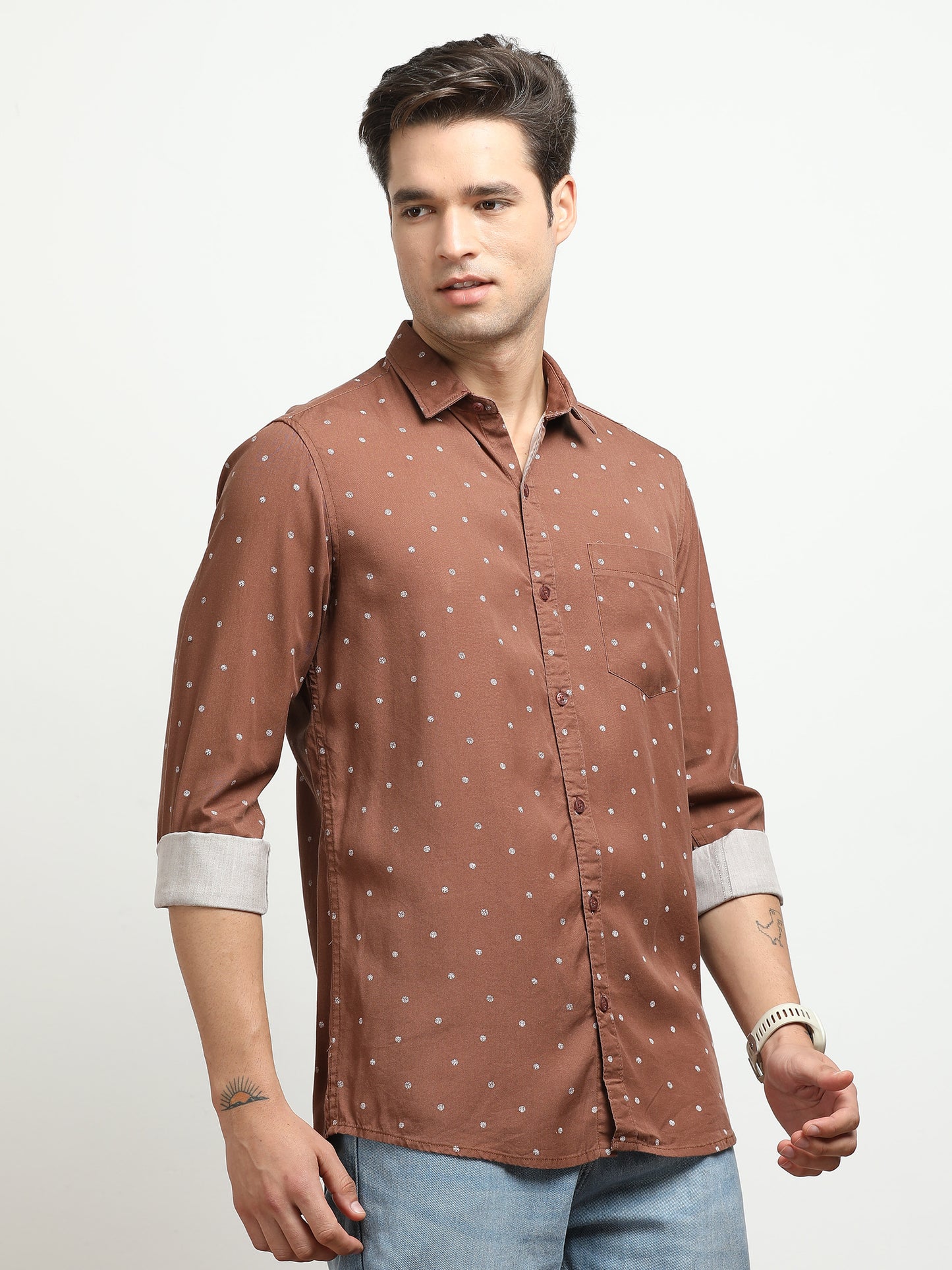 Men’s Brown Micro Printed Slim Fit Casual Shirt By Black Thread
