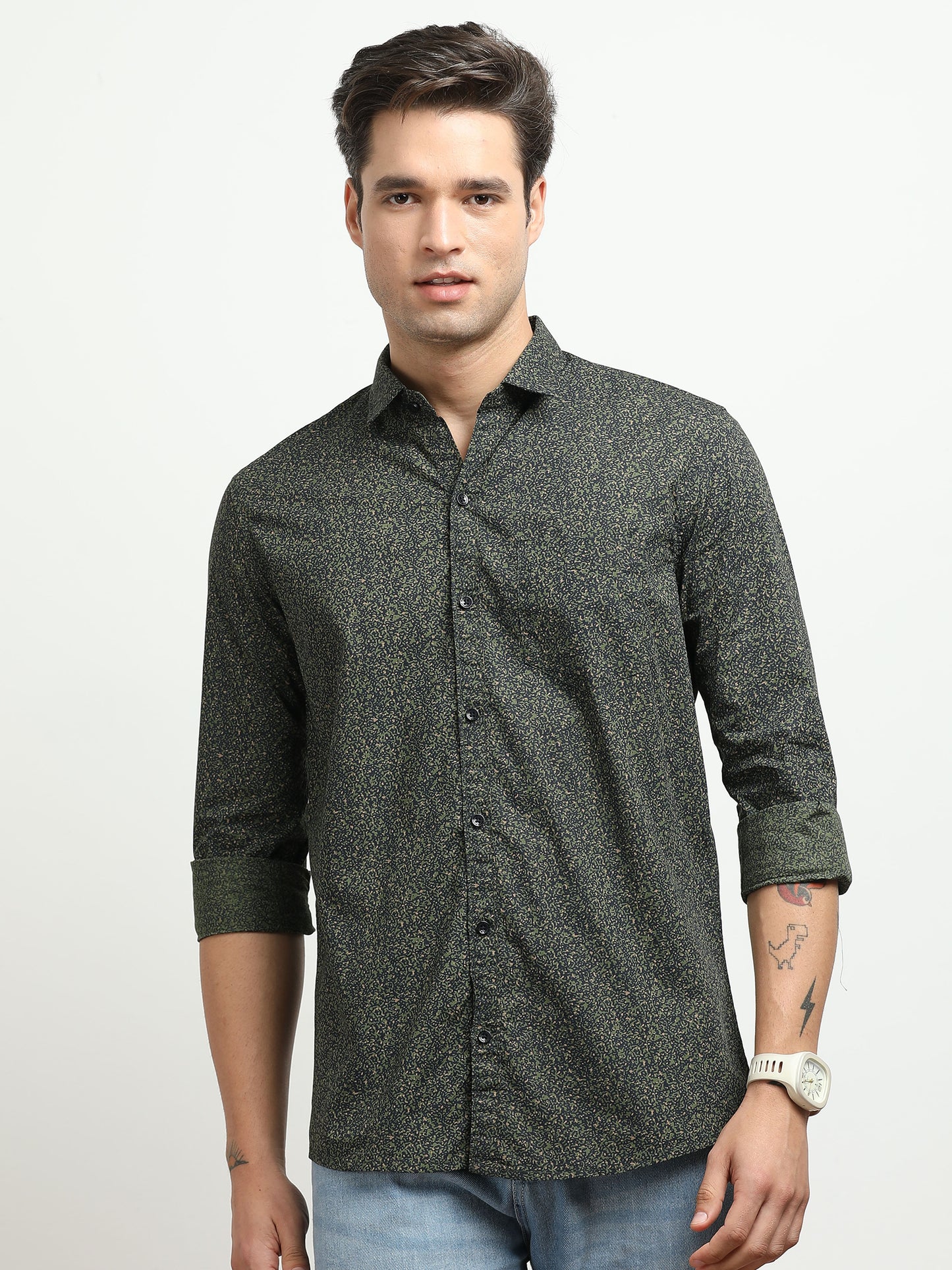 Men’s Dark Green Micro Printed Slim Fit Casual Shirt By Black Thread