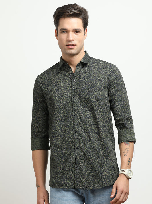 Men’s Dark Green Micro Printed Slim Fit Casual Shirt By Black Thread