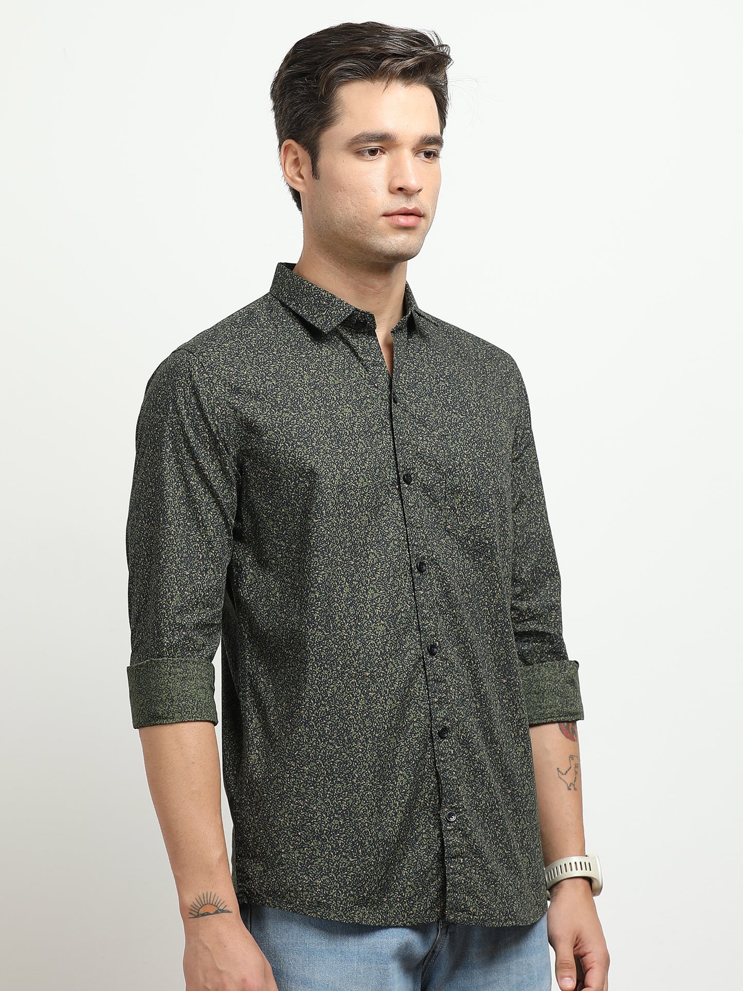 Men’s Dark Green Micro Printed Slim Fit Casual Shirt By Black Thread