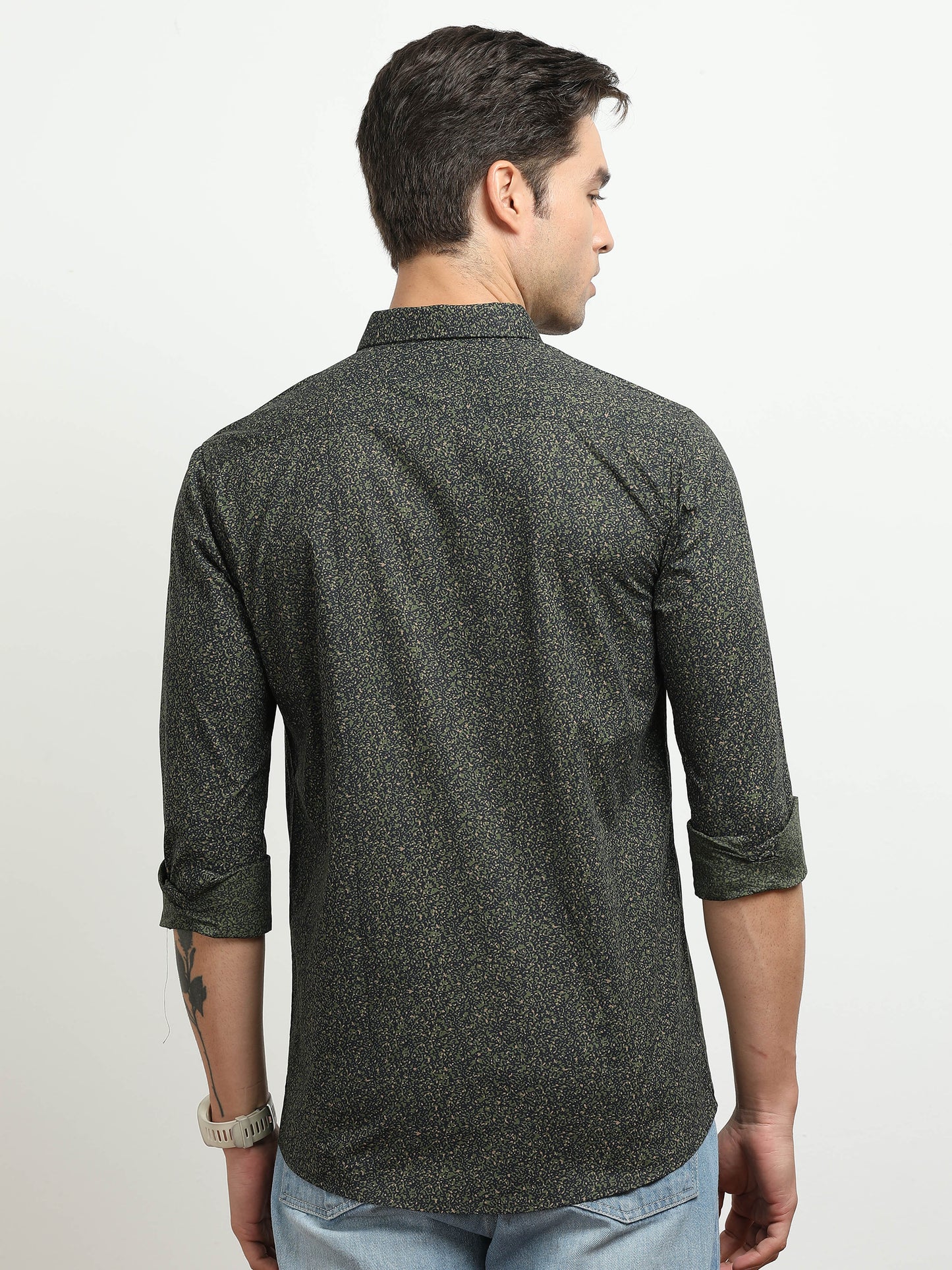 Men’s Dark Green Micro Printed Slim Fit Casual Shirt By Black Thread