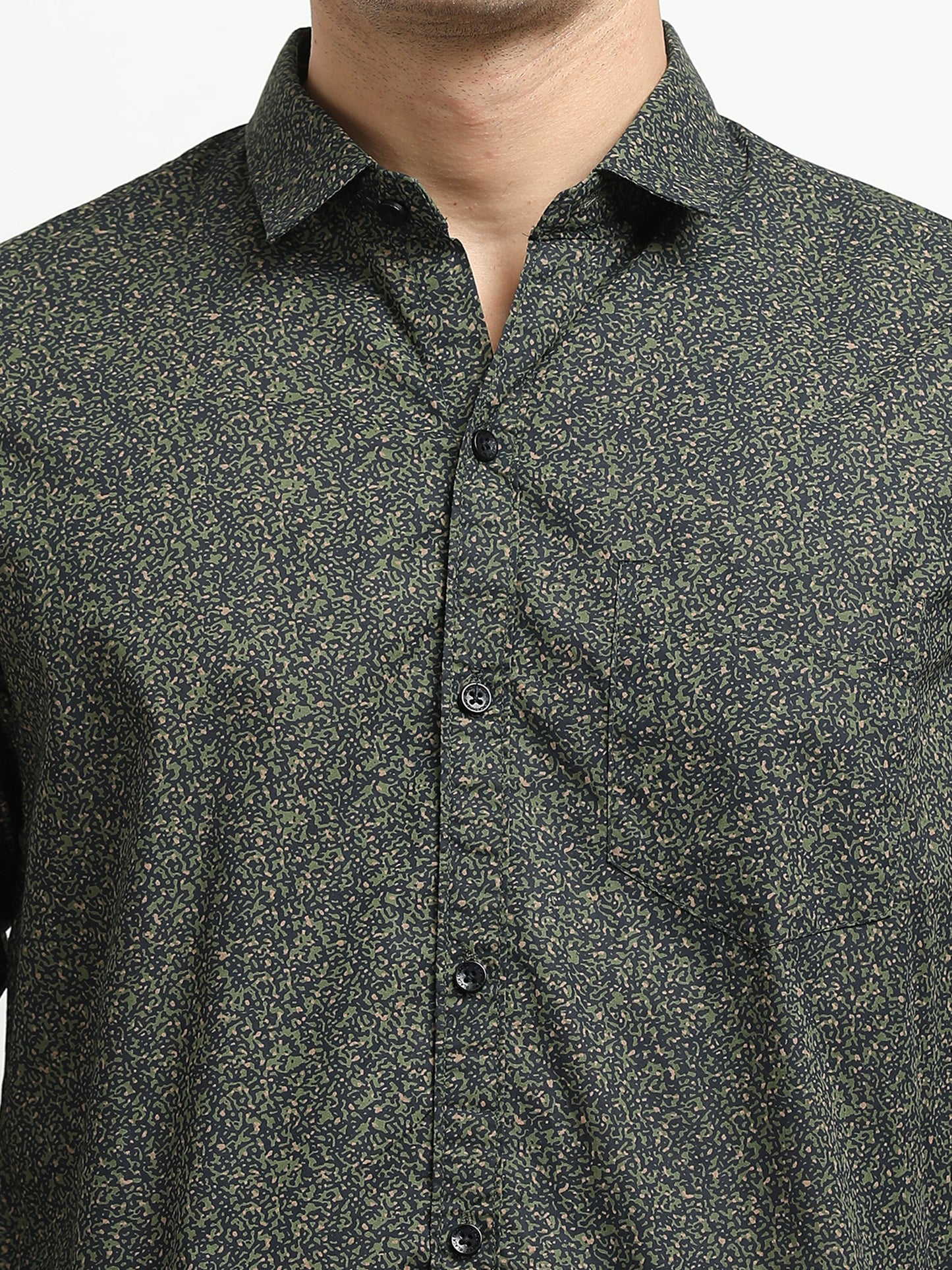 Men’s Dark Green Micro Printed Slim Fit Casual Shirt By Black Thread