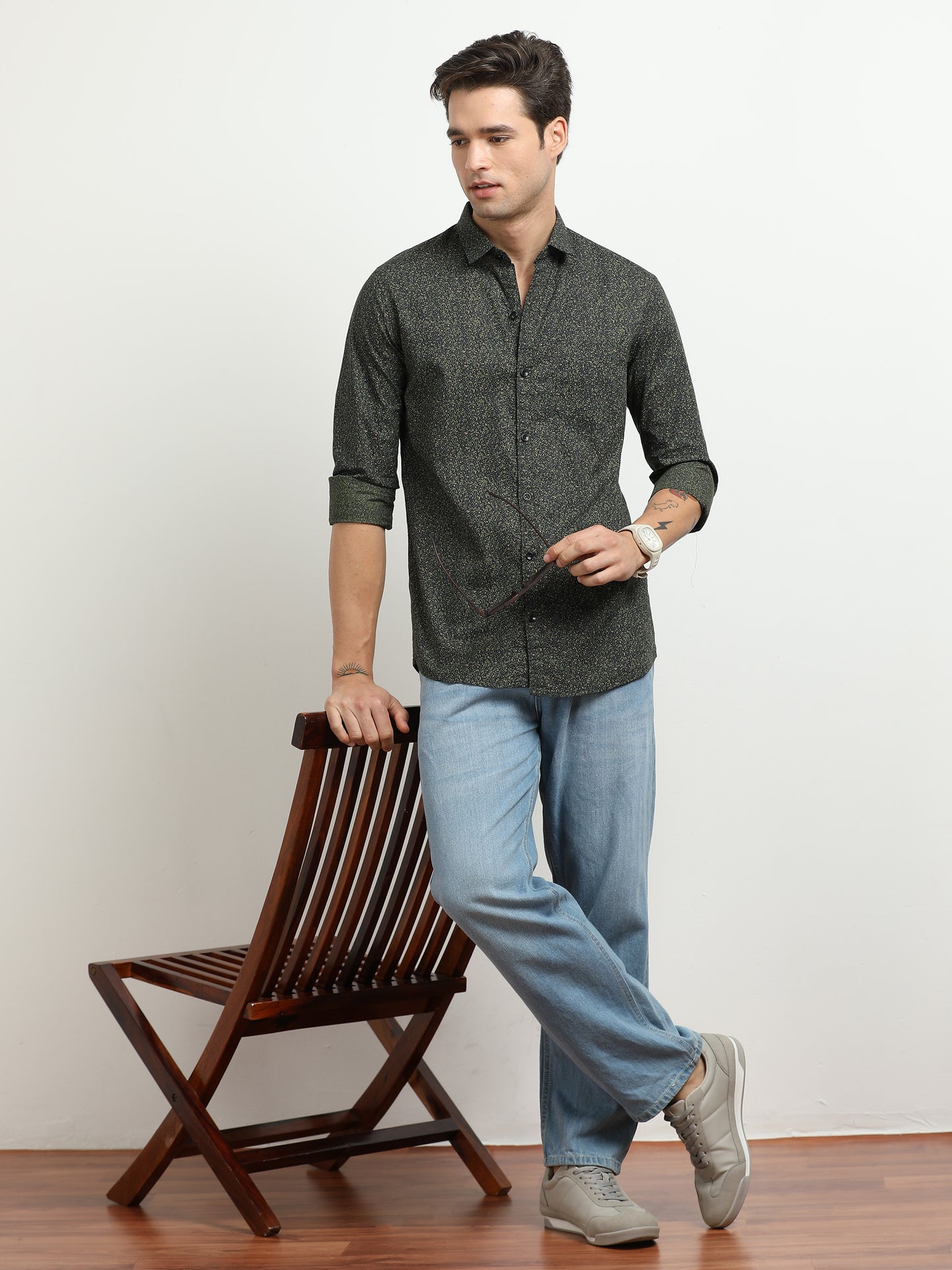 Men’s Dark Green Micro Printed Slim Fit Casual Shirt By Black Thread