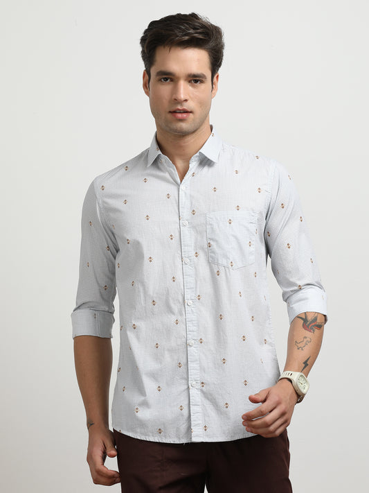 Men’s White Printed Slim Fit Casual Shirt By Black Thread