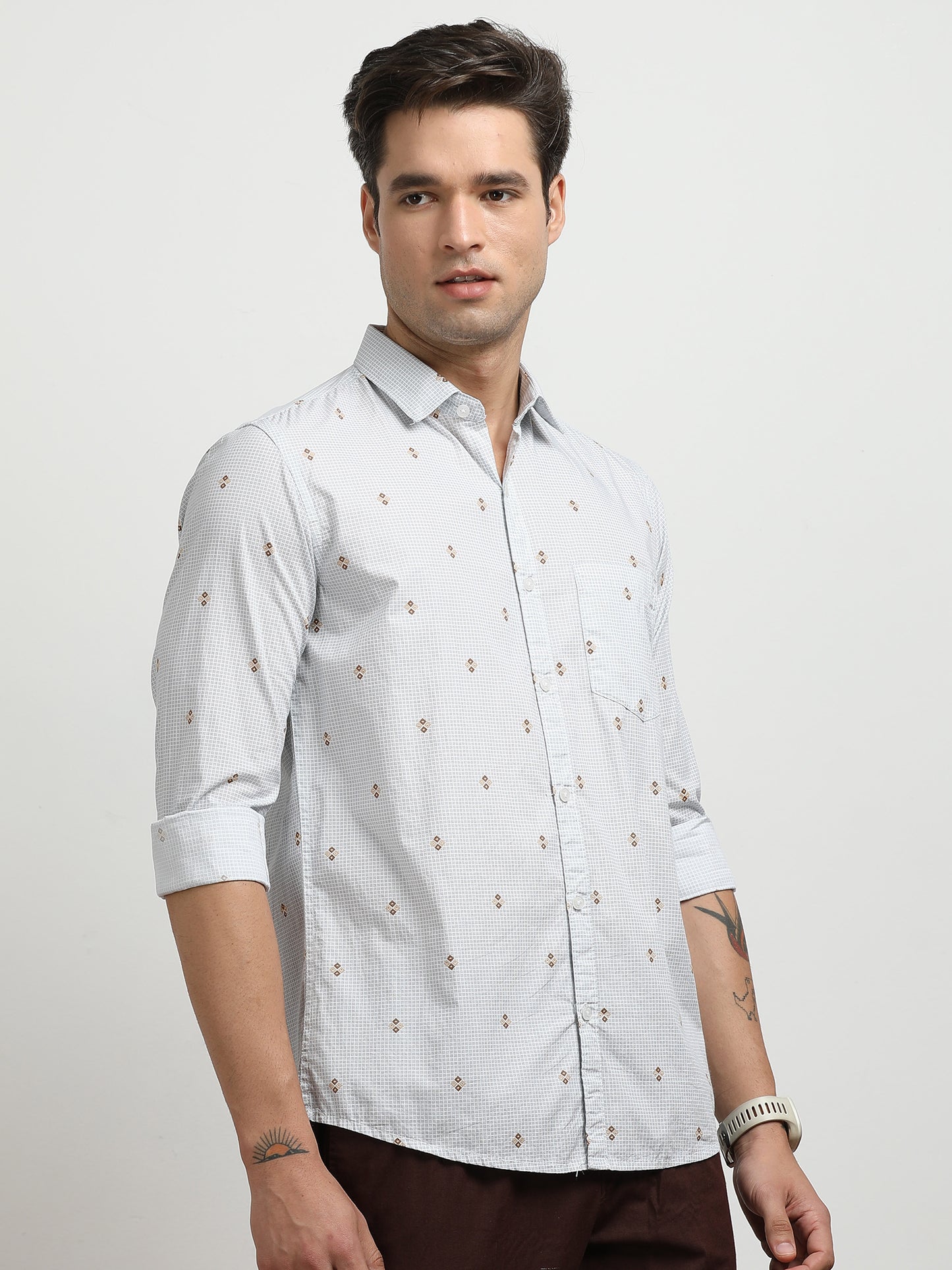 Men’s White Printed Slim Fit Casual Shirt By Black Thread