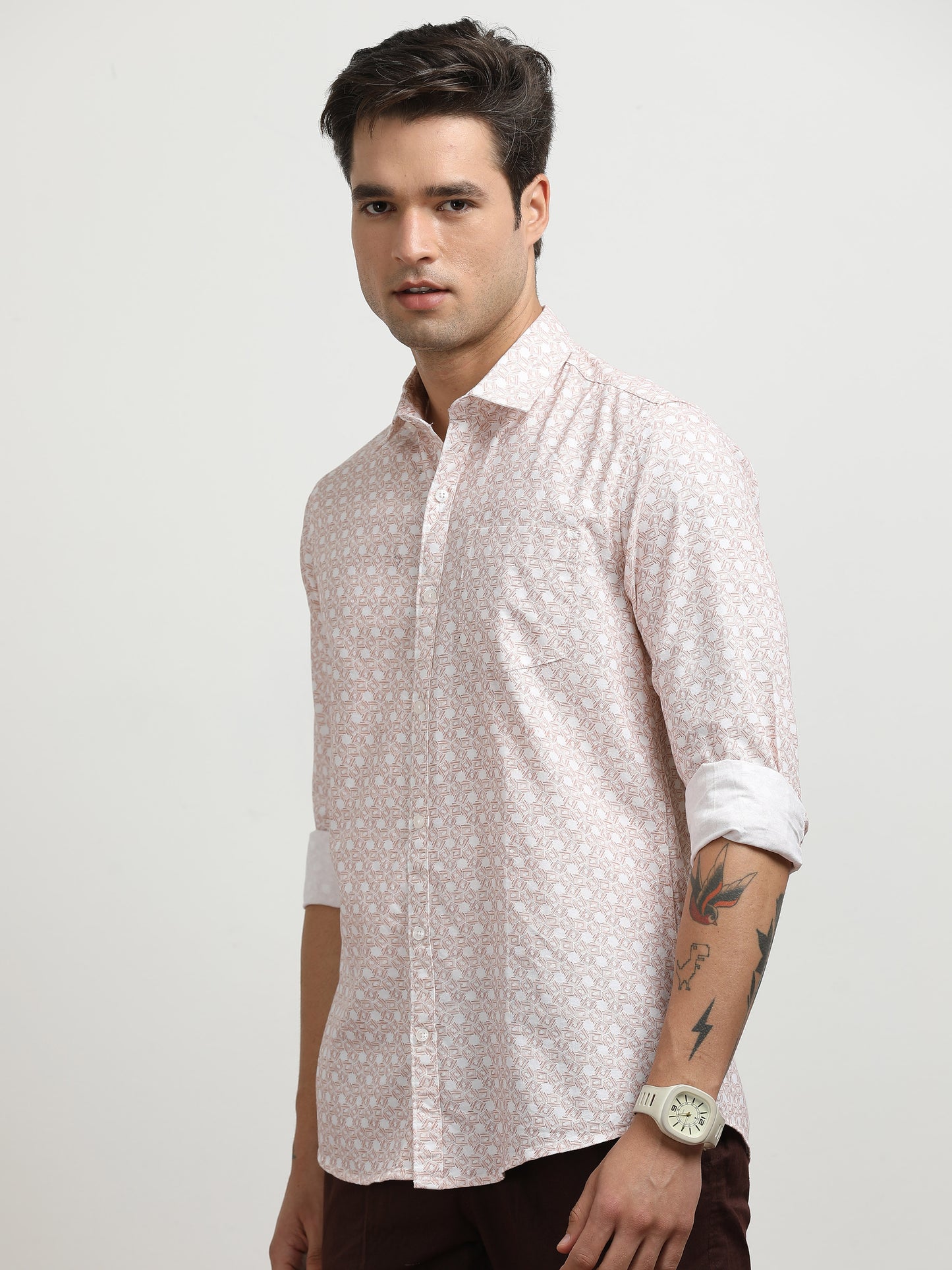 Men’s Light Pink Floral Printed Slim Fit Casual Shirt By Black Thread