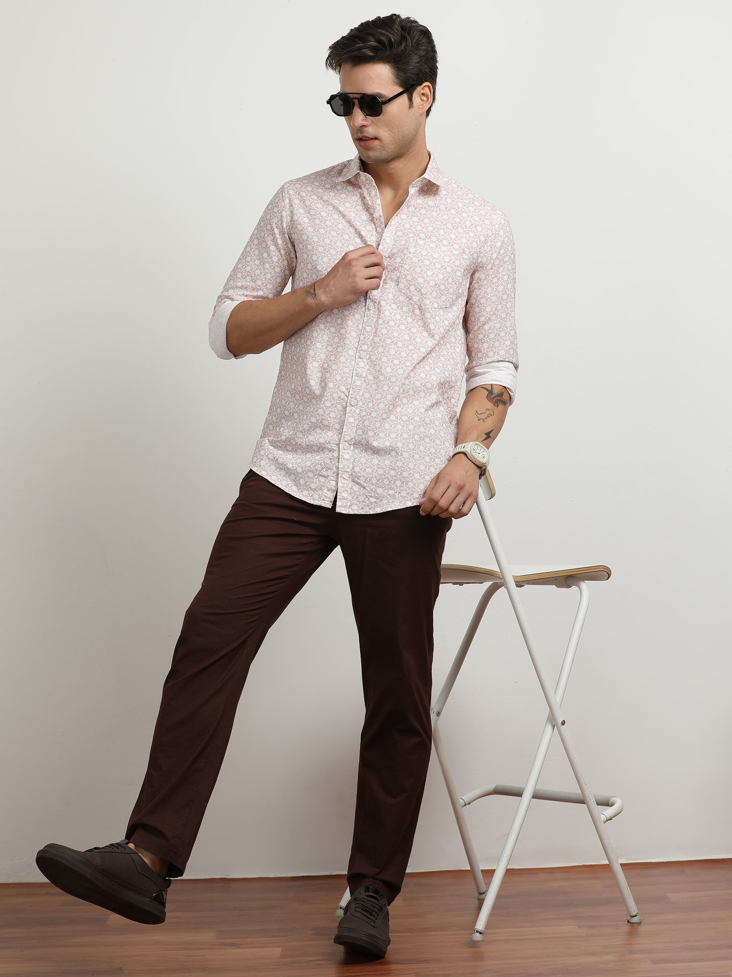 Men’s Light Pink Floral Printed Slim Fit Casual Shirt By Black Thread