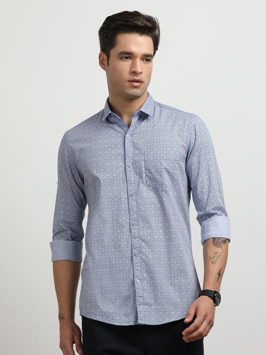 Men’s Light Blue Micro Printed Slim Fit Casual Shirt By Black Thread