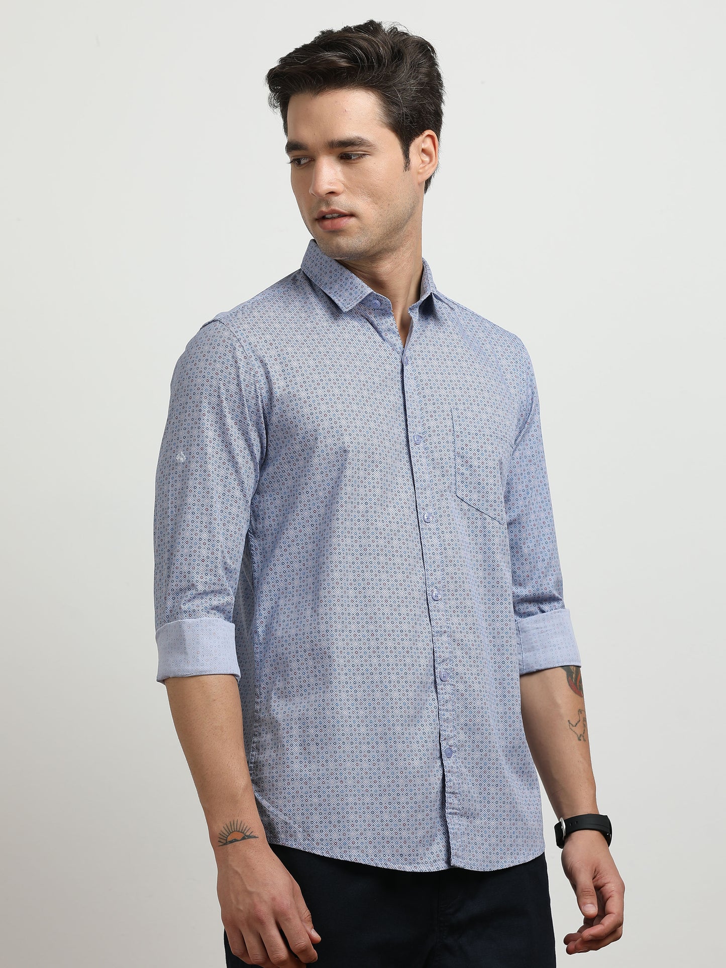 Men’s Light Blue Micro Printed Slim Fit Casual Shirt By Black Thread