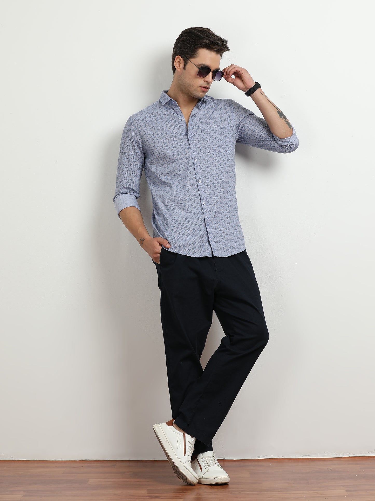 Men’s Light Blue Micro Printed Slim Fit Casual Shirt By Black Thread