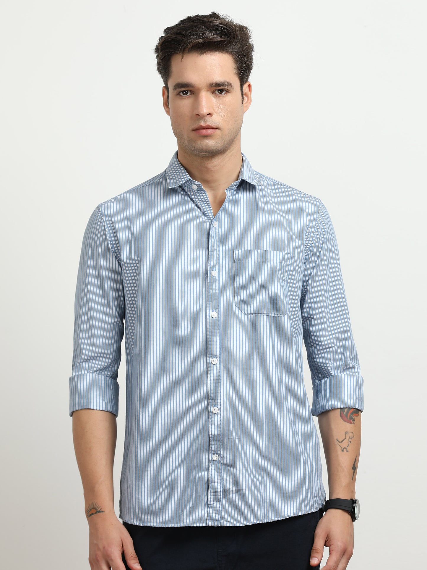 Men’s Blue & White Vertical Striped Slim Fit Casual Shirt By Black Thread