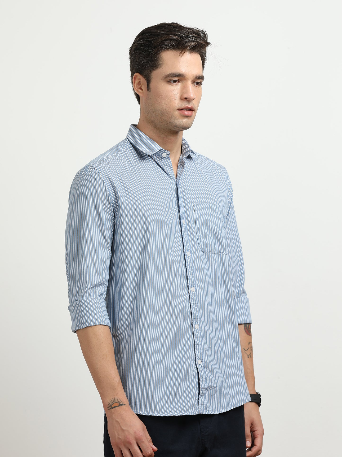 Men’s Blue & White Vertical Striped Slim Fit Casual Shirt By Black Thread