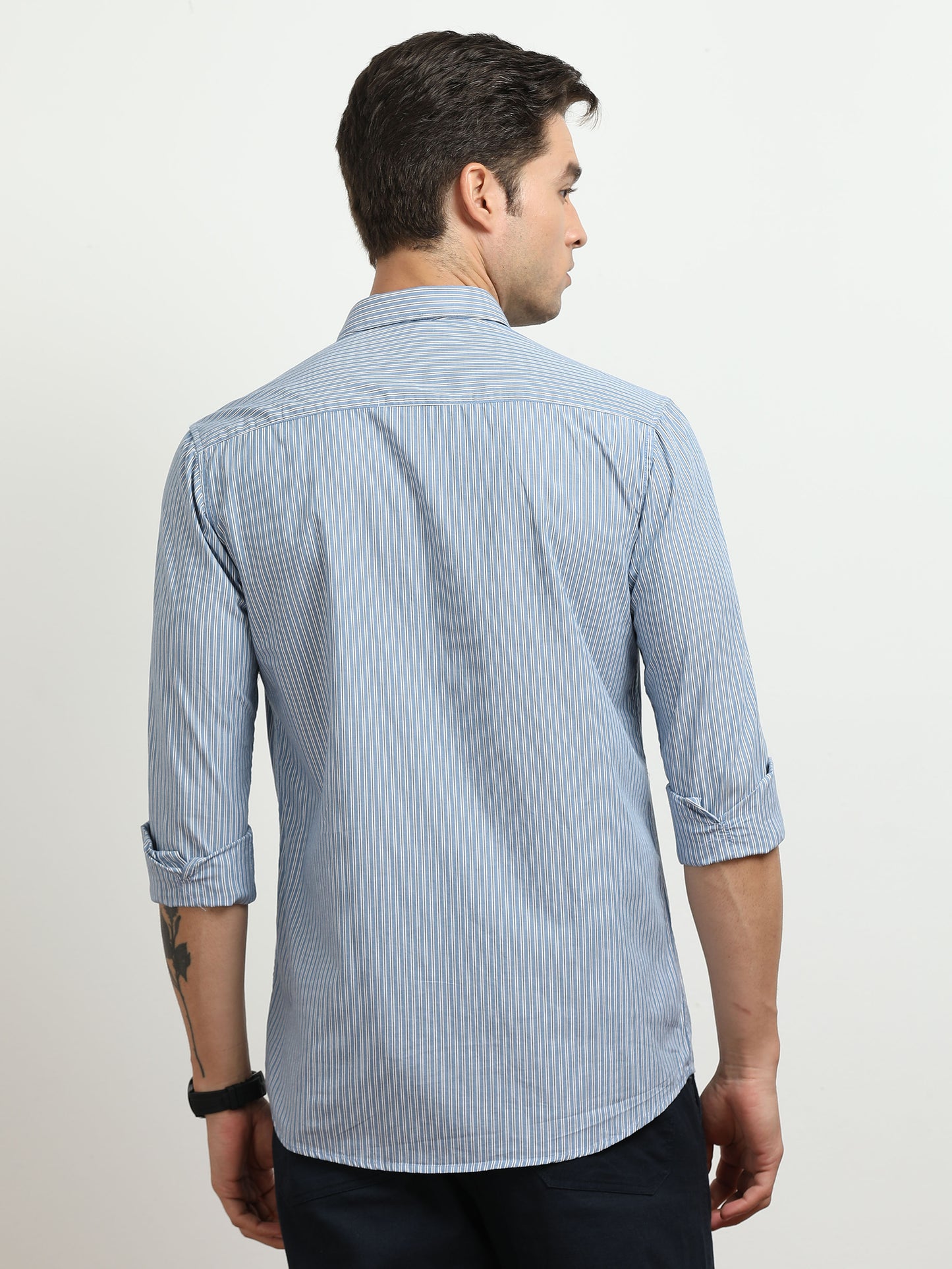 Men’s Blue & White Vertical Striped Slim Fit Casual Shirt By Black Thread