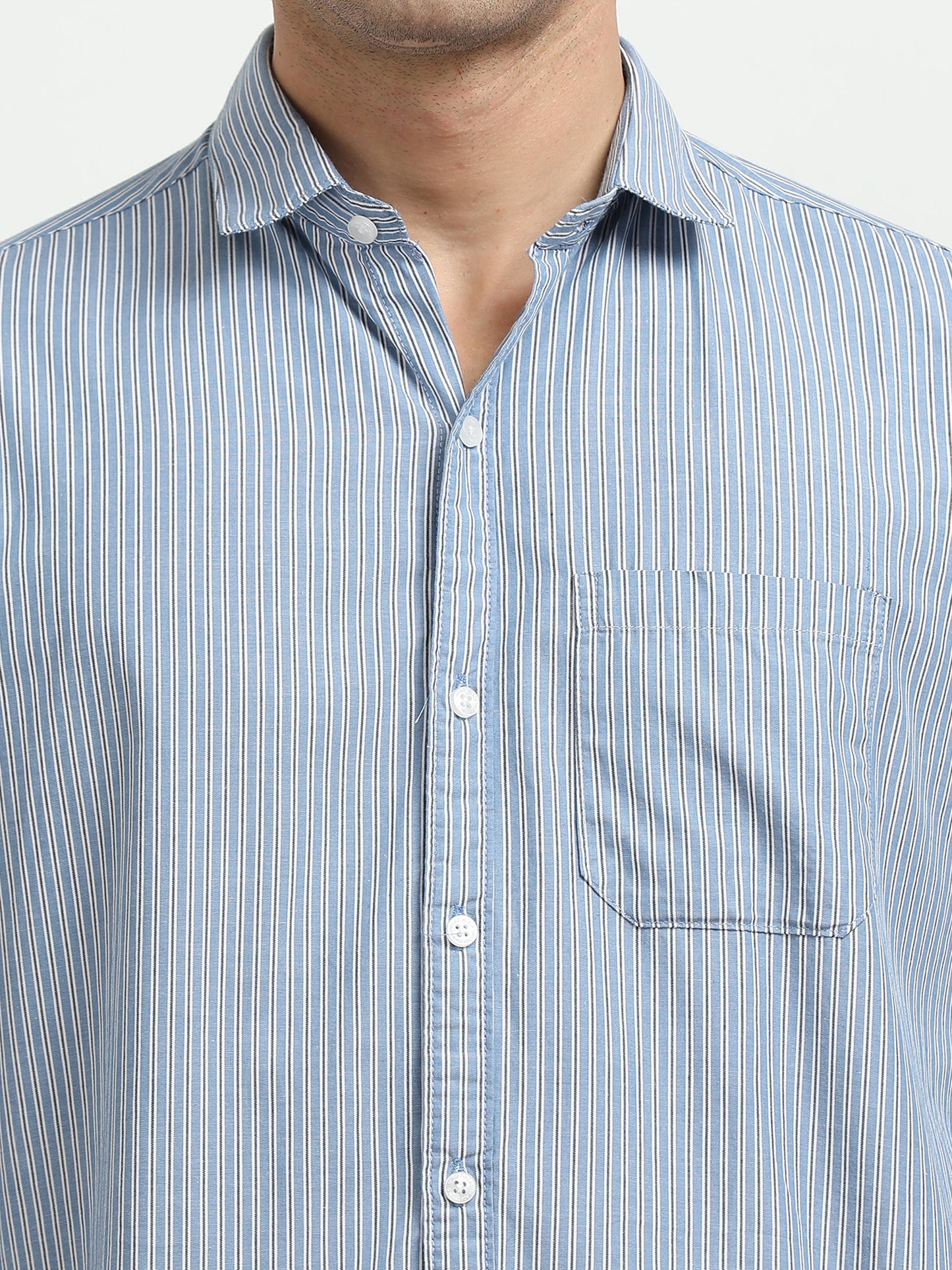 Men’s Blue & White Vertical Striped Slim Fit Casual Shirt By Black Thread