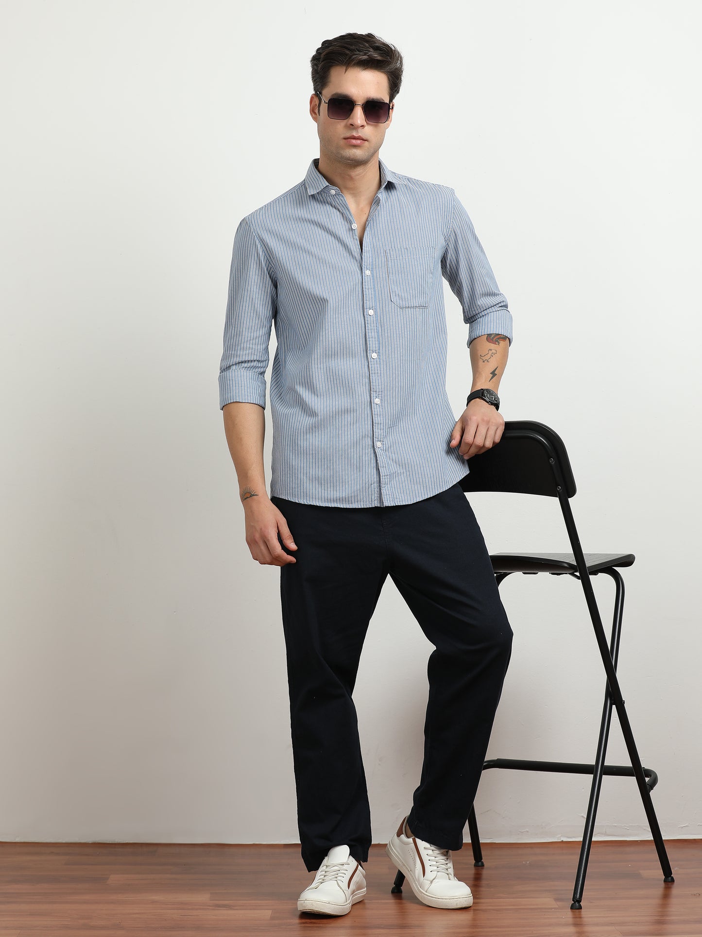Men’s Blue & White Vertical Striped Slim Fit Casual Shirt By Black Thread