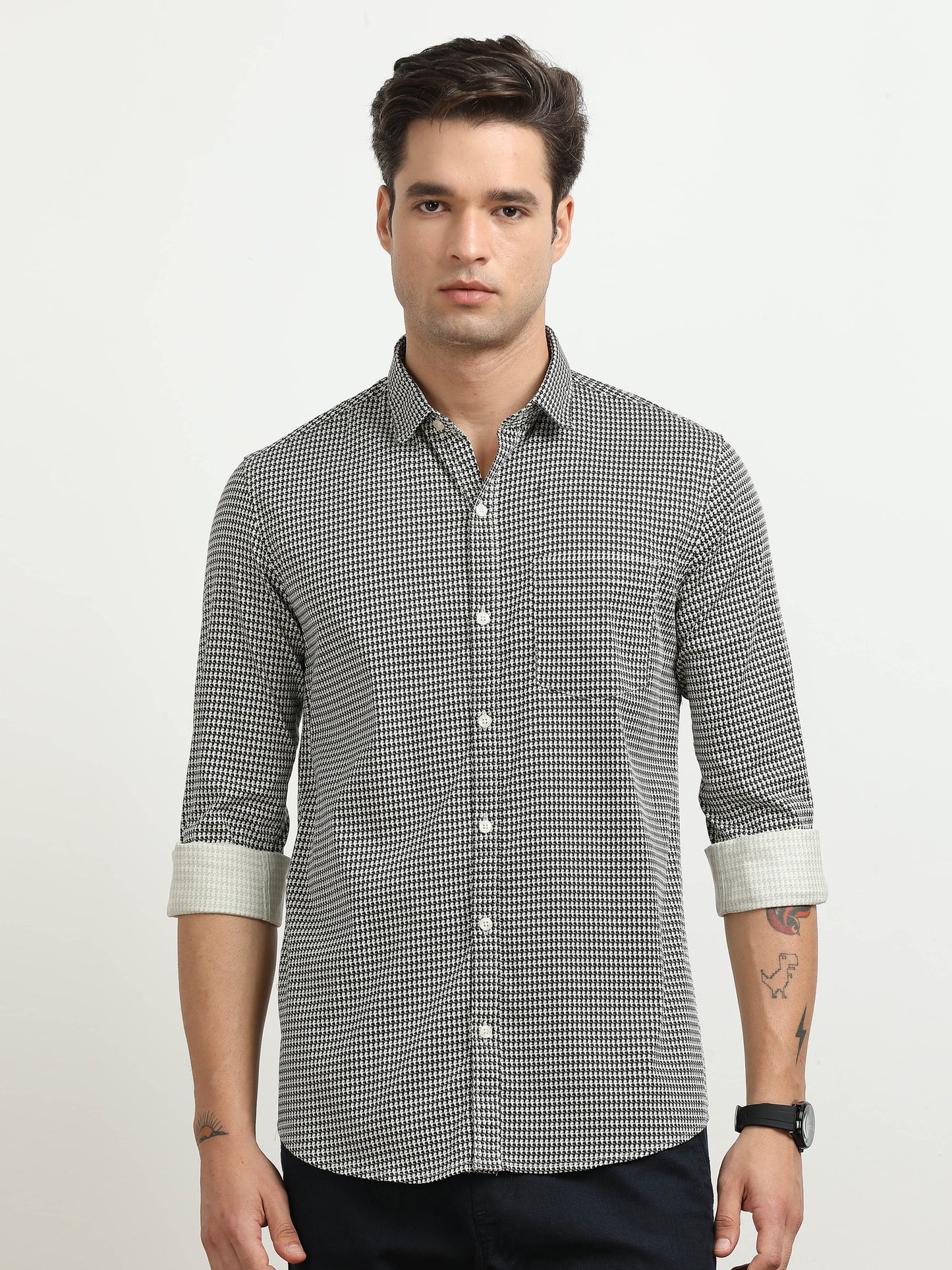Men’s Black & White Micro Check Slim Fit Casual Shirt By Black Thread