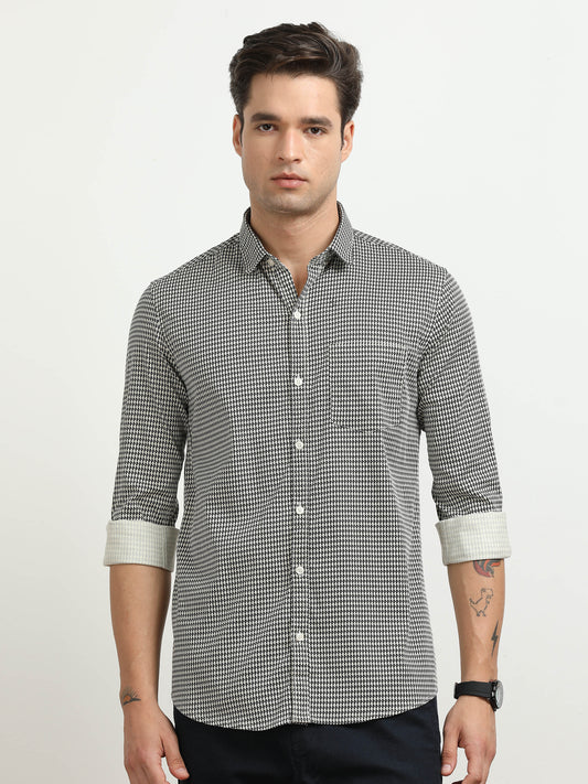 Men’s Black & White Micro Check Slim Fit Casual Shirt By Black Thread