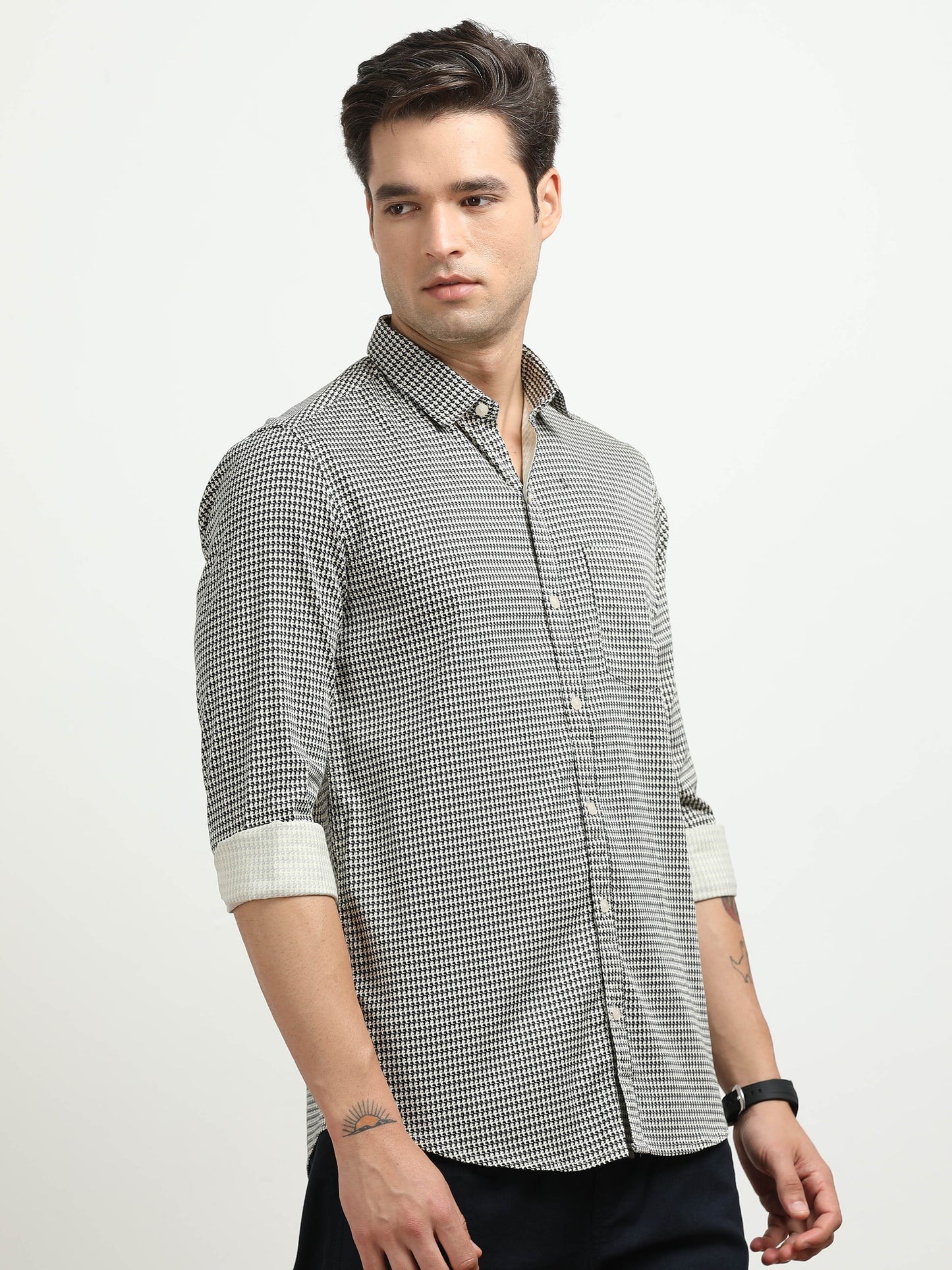 Men’s Black & White Micro Check Slim Fit Casual Shirt By Black Thread