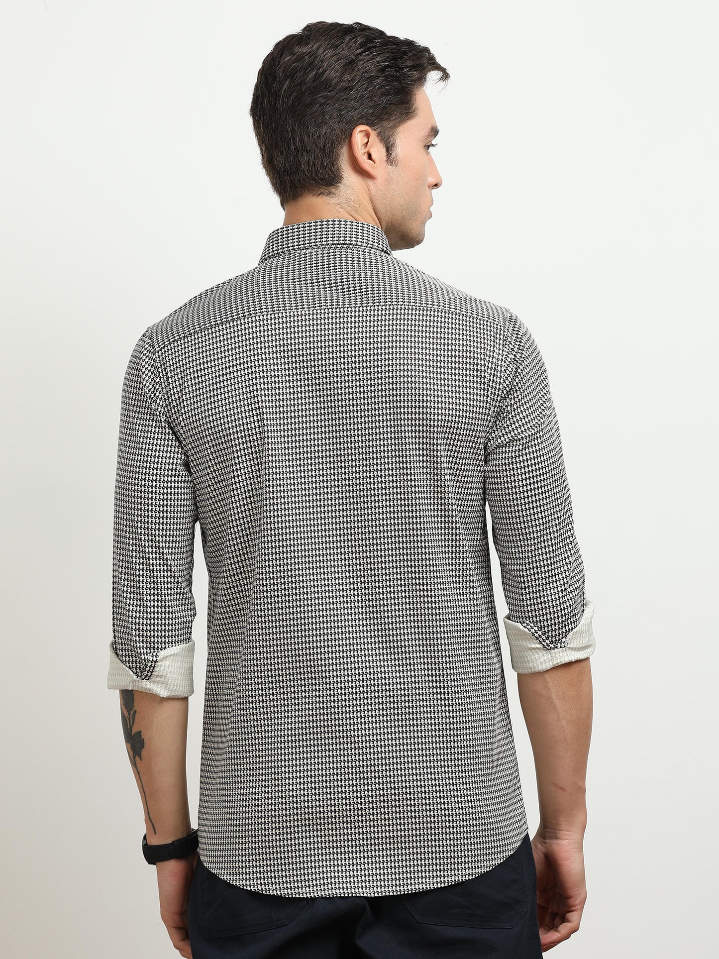 Men’s Black & White Micro Check Slim Fit Casual Shirt By Black Thread