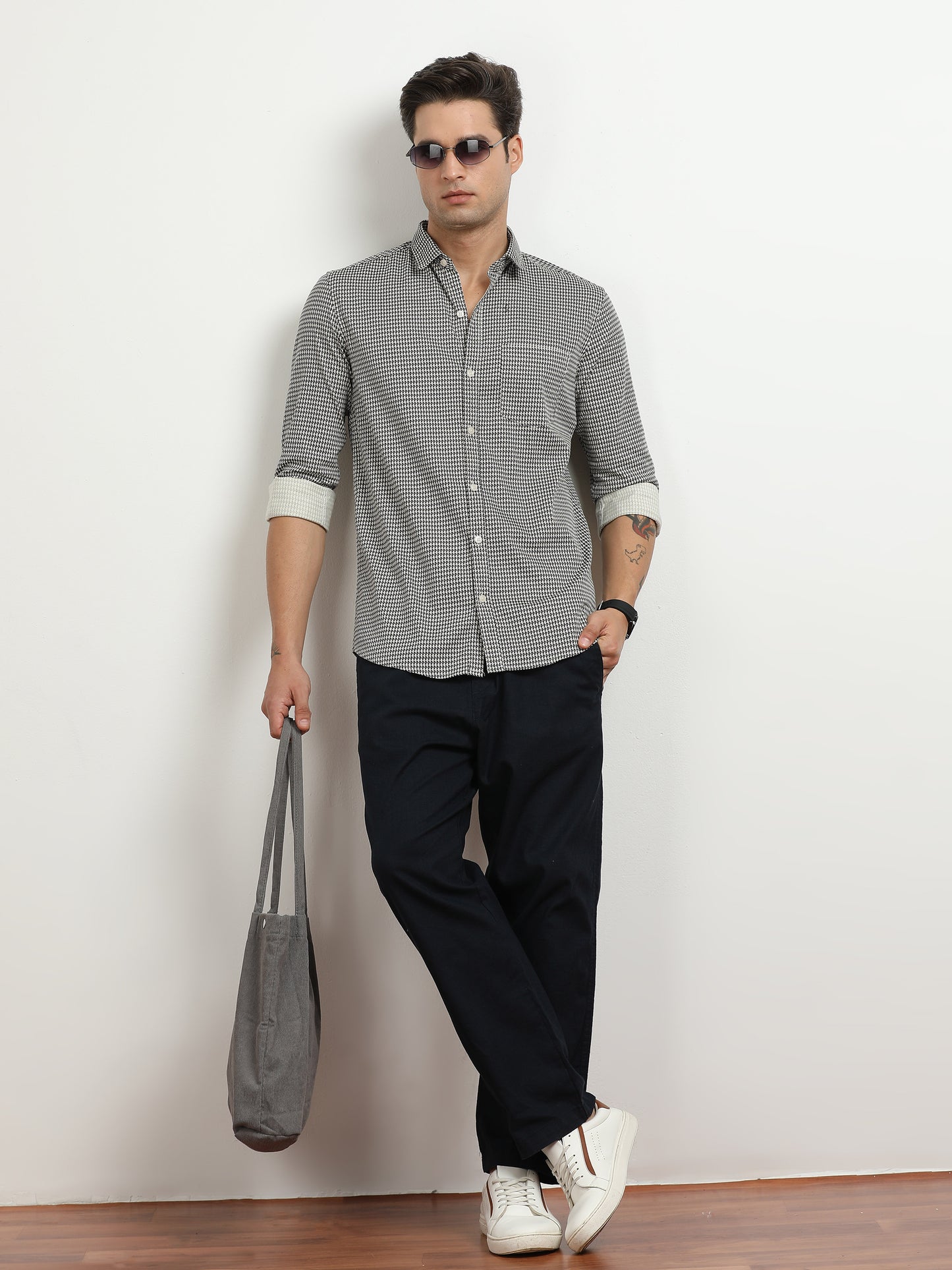 Men’s Black & White Micro Check Slim Fit Casual Shirt By Black Thread