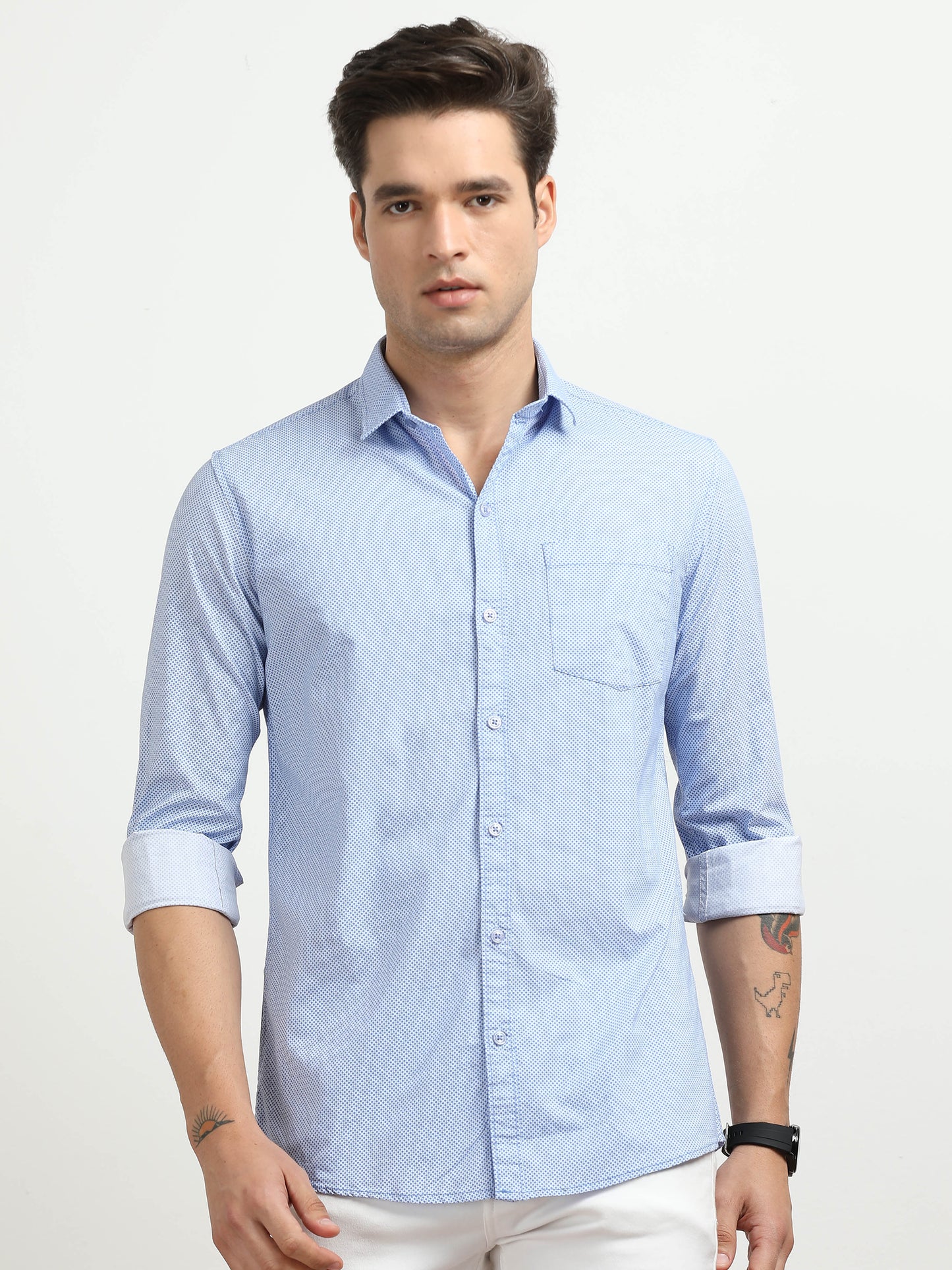 Men’s Light Blue Micro Printed Slim Fit Casual Shirt
