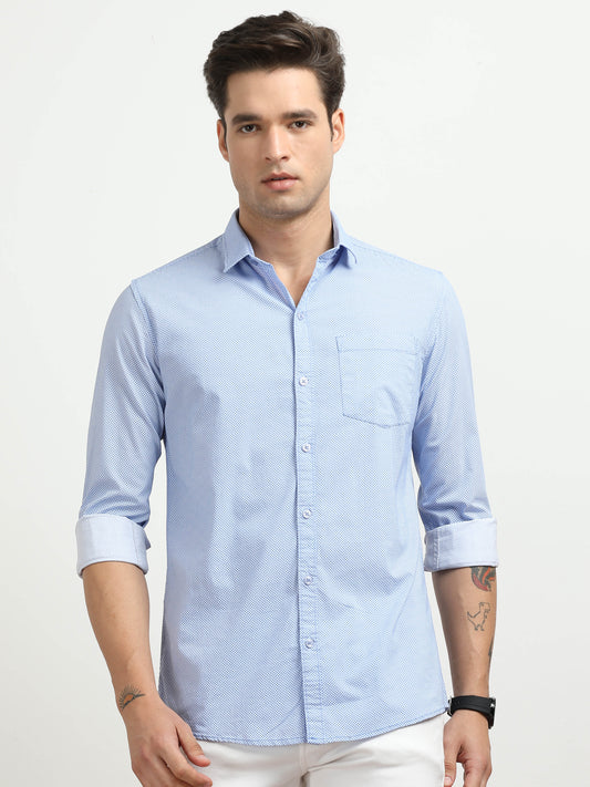 Men’s Light Blue Micro Printed Slim Fit Casual Shirt