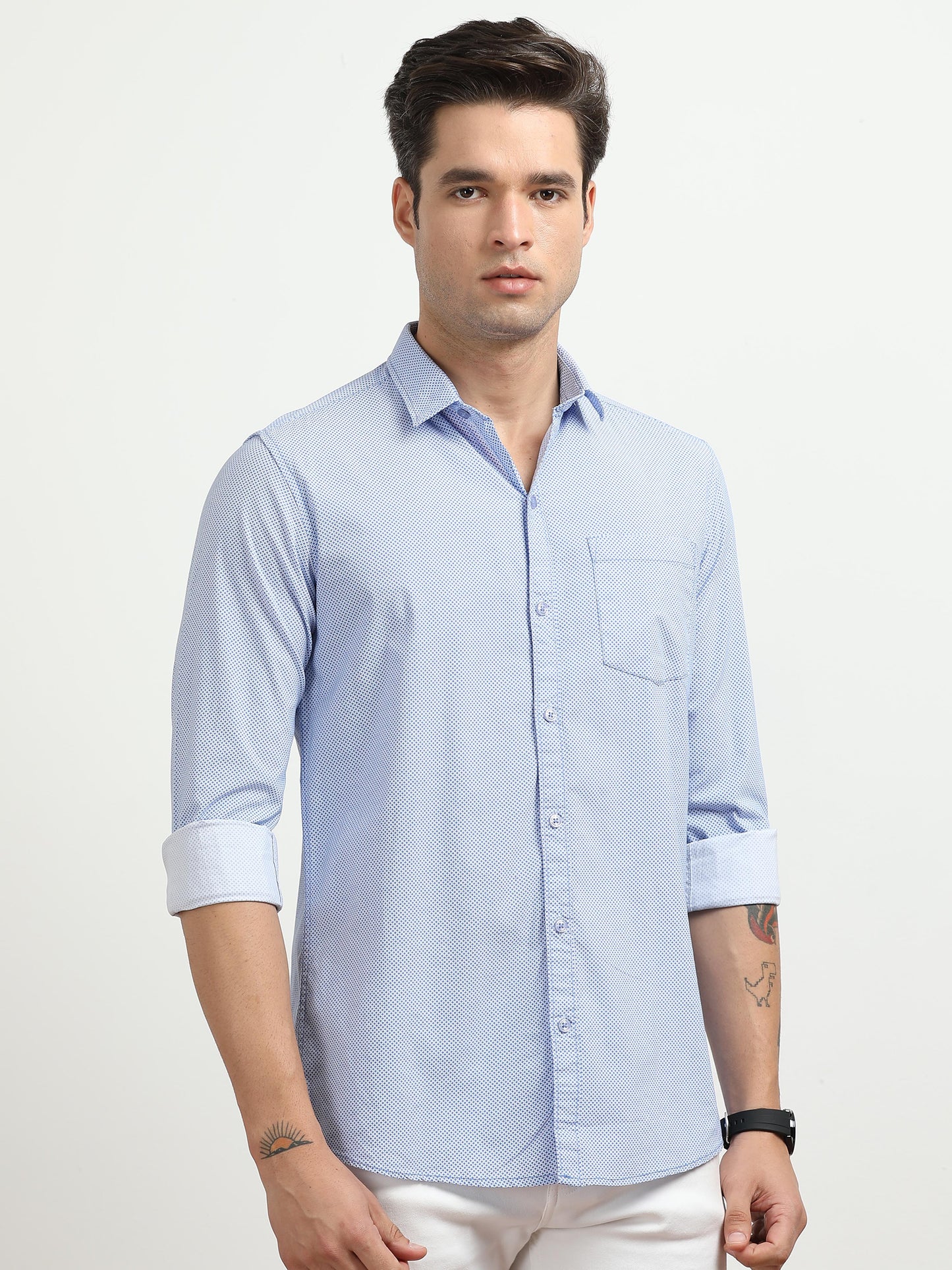 Men’s Light Blue Micro Printed Slim Fit Casual Shirt