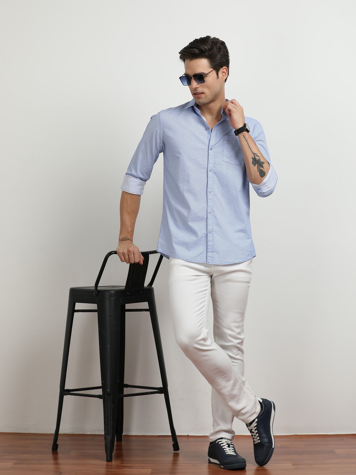 Men’s Light Blue Micro Printed Slim Fit Casual Shirt