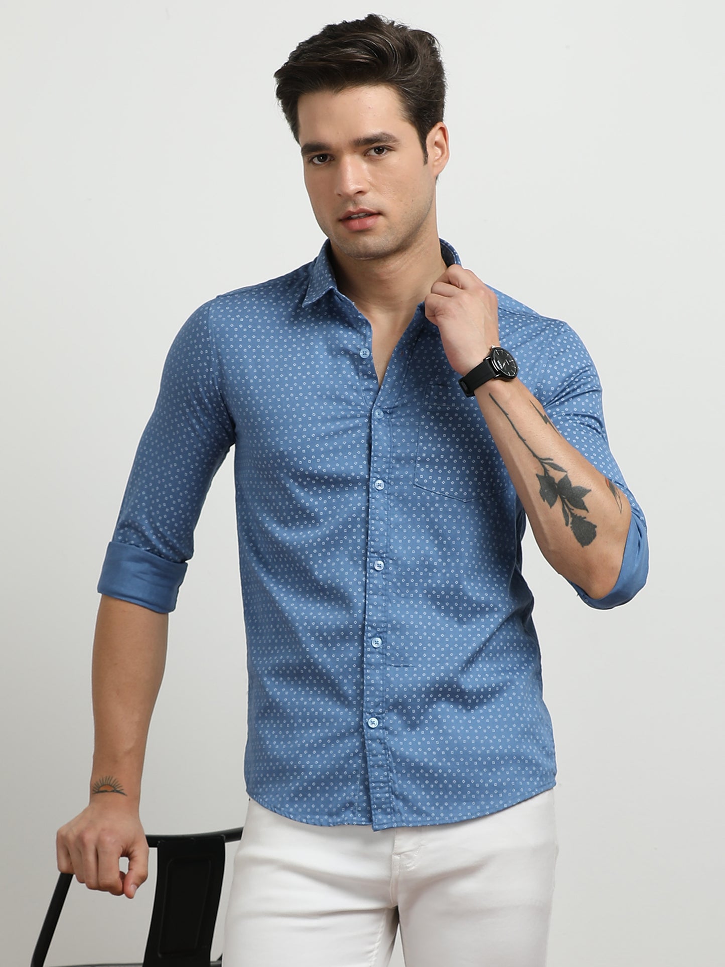 Men’s Blue Micro Printed Slim Fit Casual Shirt By Black Thread