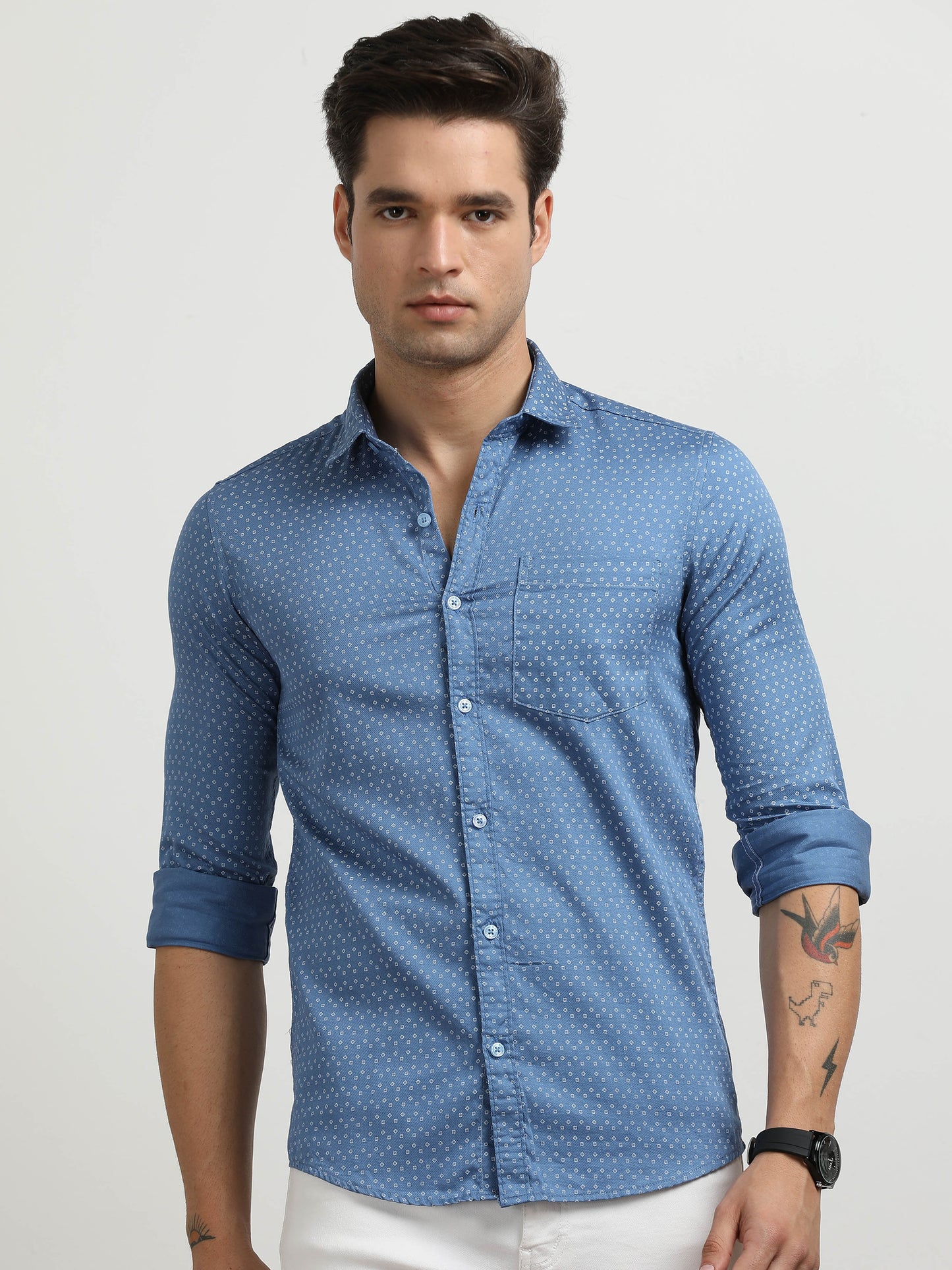 Men’s Blue Micro Printed Slim Fit Casual Shirt By Black Thread