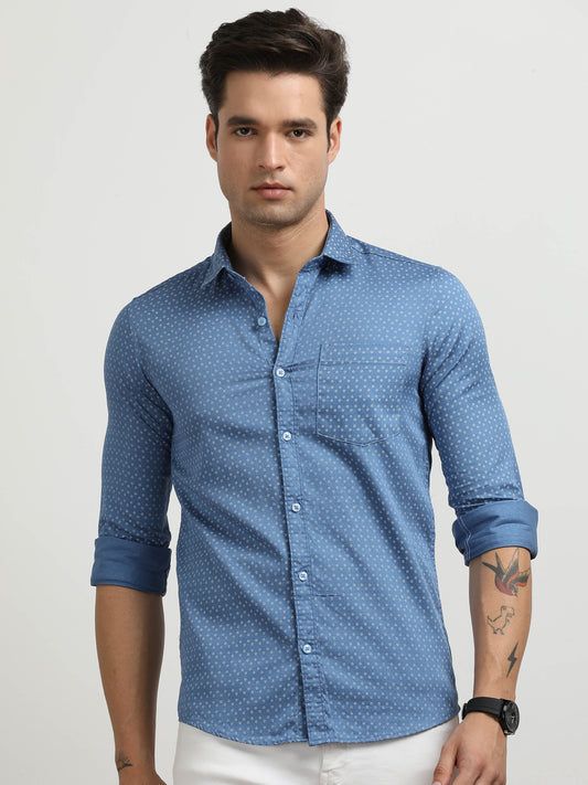 Men’s Blue Micro Printed Slim Fit Casual Shirt By Black Thread