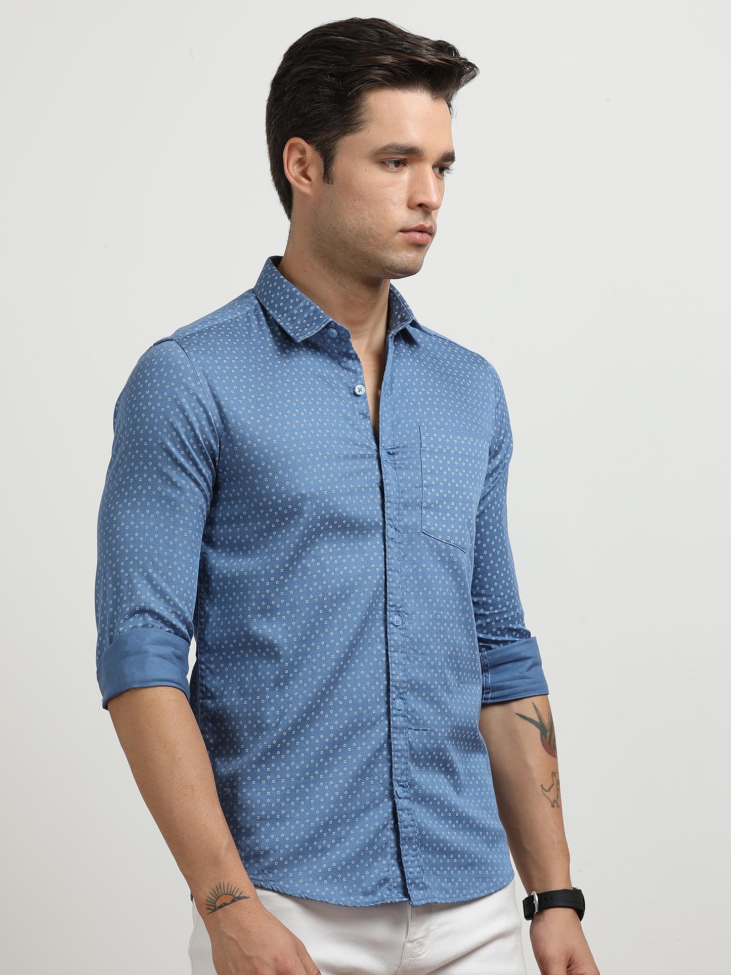 Men’s Blue Micro Printed Slim Fit Casual Shirt By Black Thread