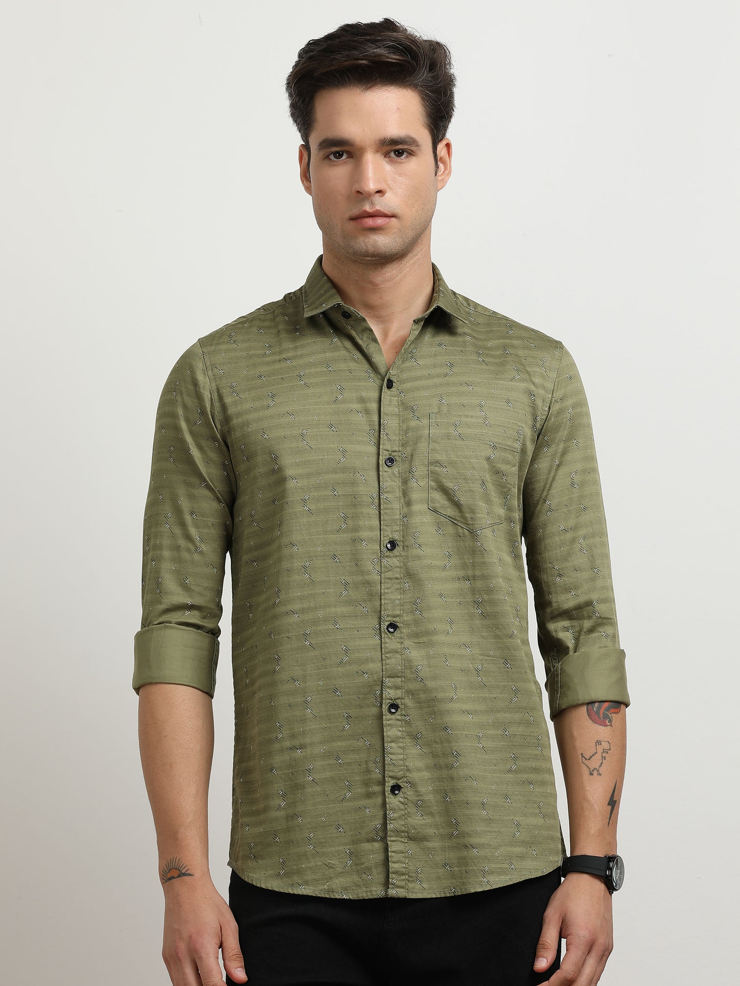 Men’s Olive Green Micro Printed Slim Fit Casual Shirt By Black Thread