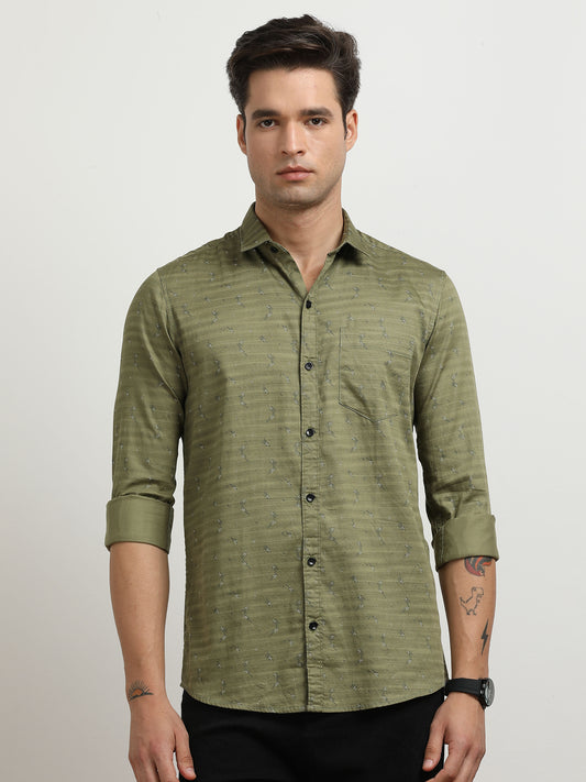 Men’s Olive Green Micro Printed Slim Fit Casual Shirt By Black Thread