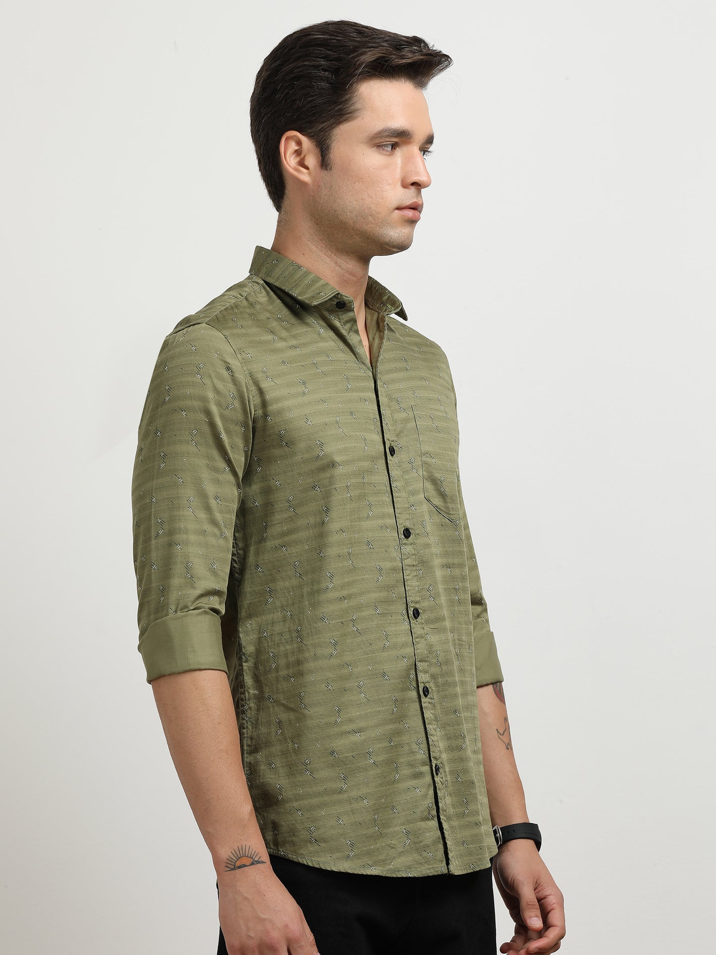 Men’s Olive Green Micro Printed Slim Fit Casual Shirt By Black Thread
