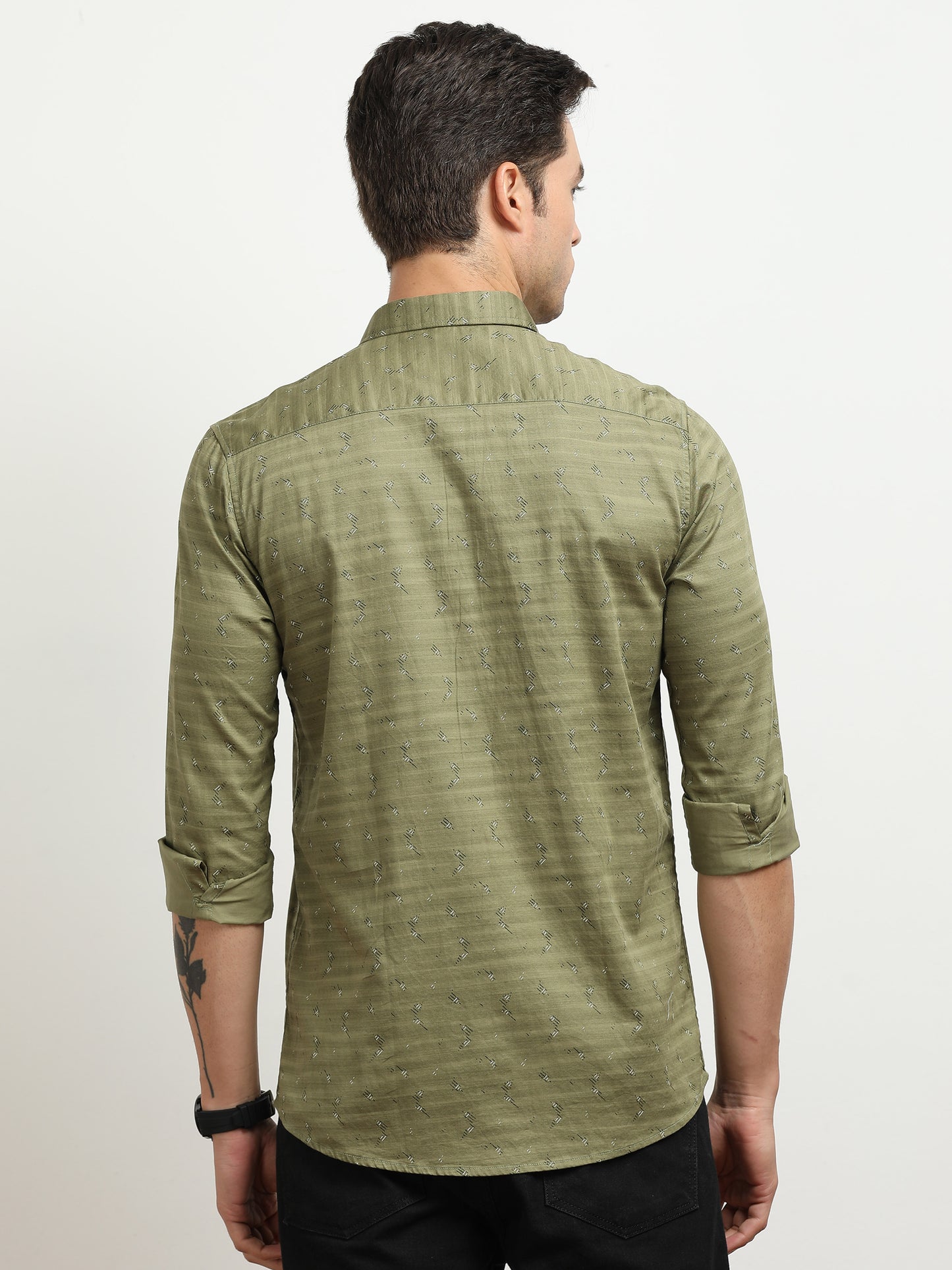 Men’s Olive Green Micro Printed Slim Fit Casual Shirt By Black Thread