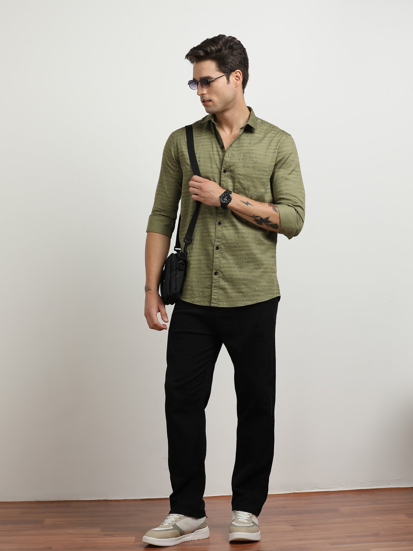 Men’s Olive Green Micro Printed Slim Fit Casual Shirt By Black Thread