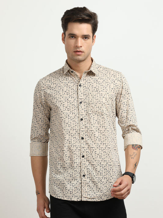 Men’s Beige Abstract Printed Slim Fit Casual Shirt By Black Thread