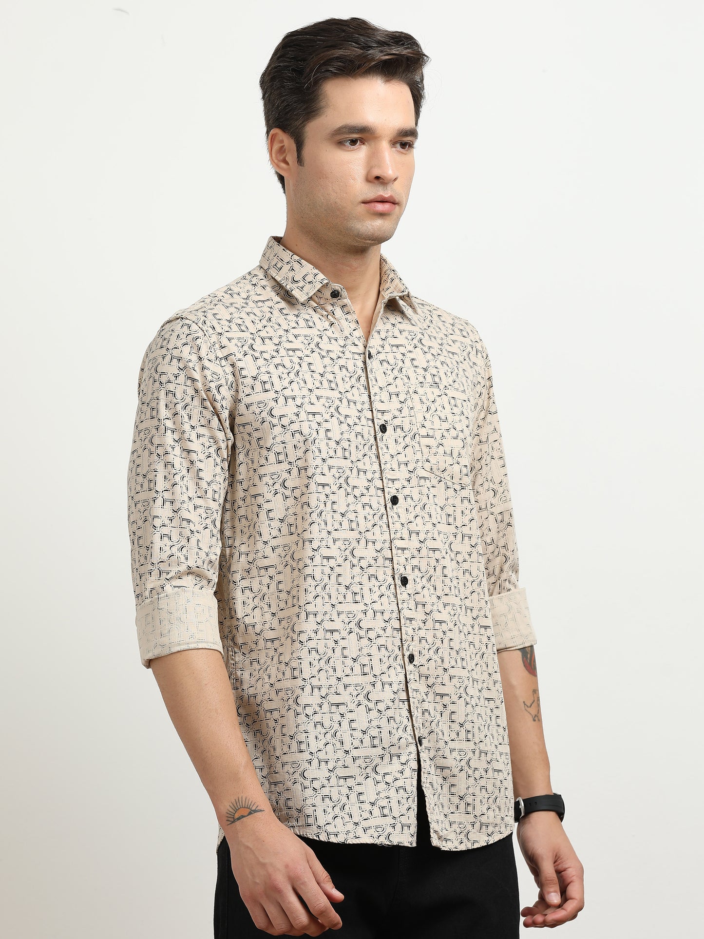 Men’s Beige Abstract Printed Slim Fit Casual Shirt By Black Thread