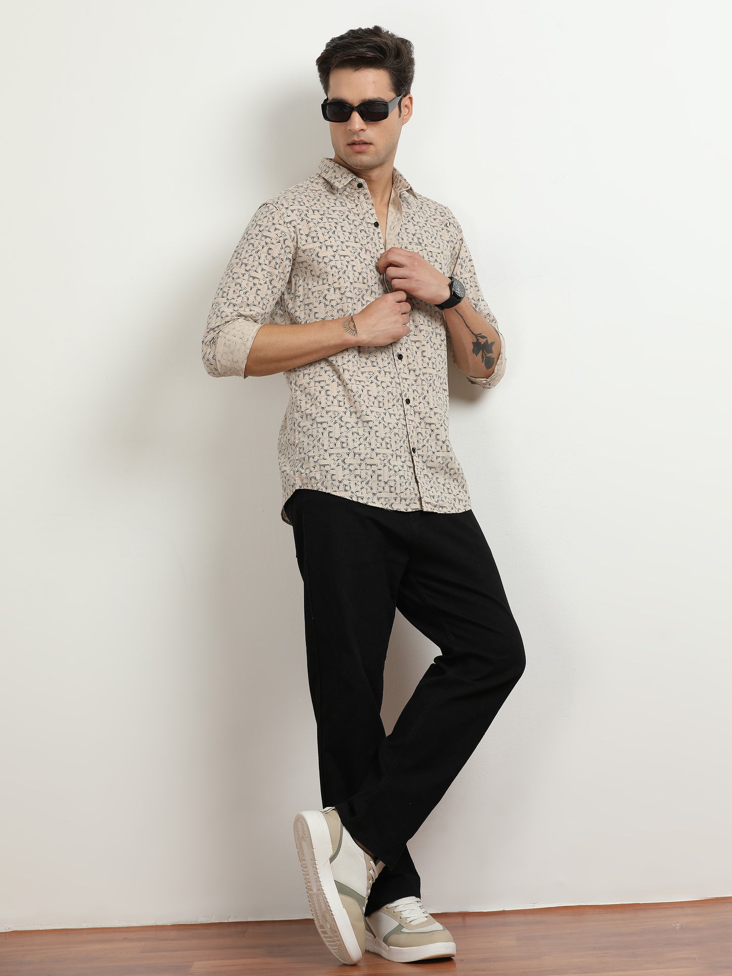 Men’s Beige Abstract Printed Slim Fit Casual Shirt By Black Thread