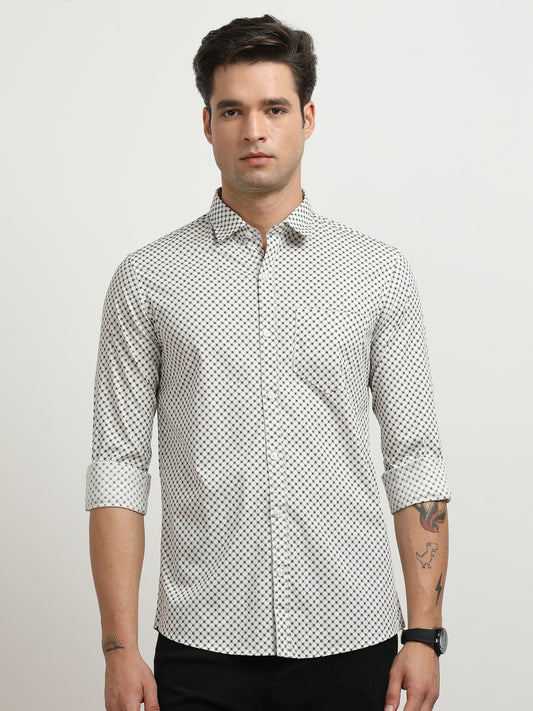 Men’s White & Black Geometric Printed Slim Fit Casual Shirt By Black Thread