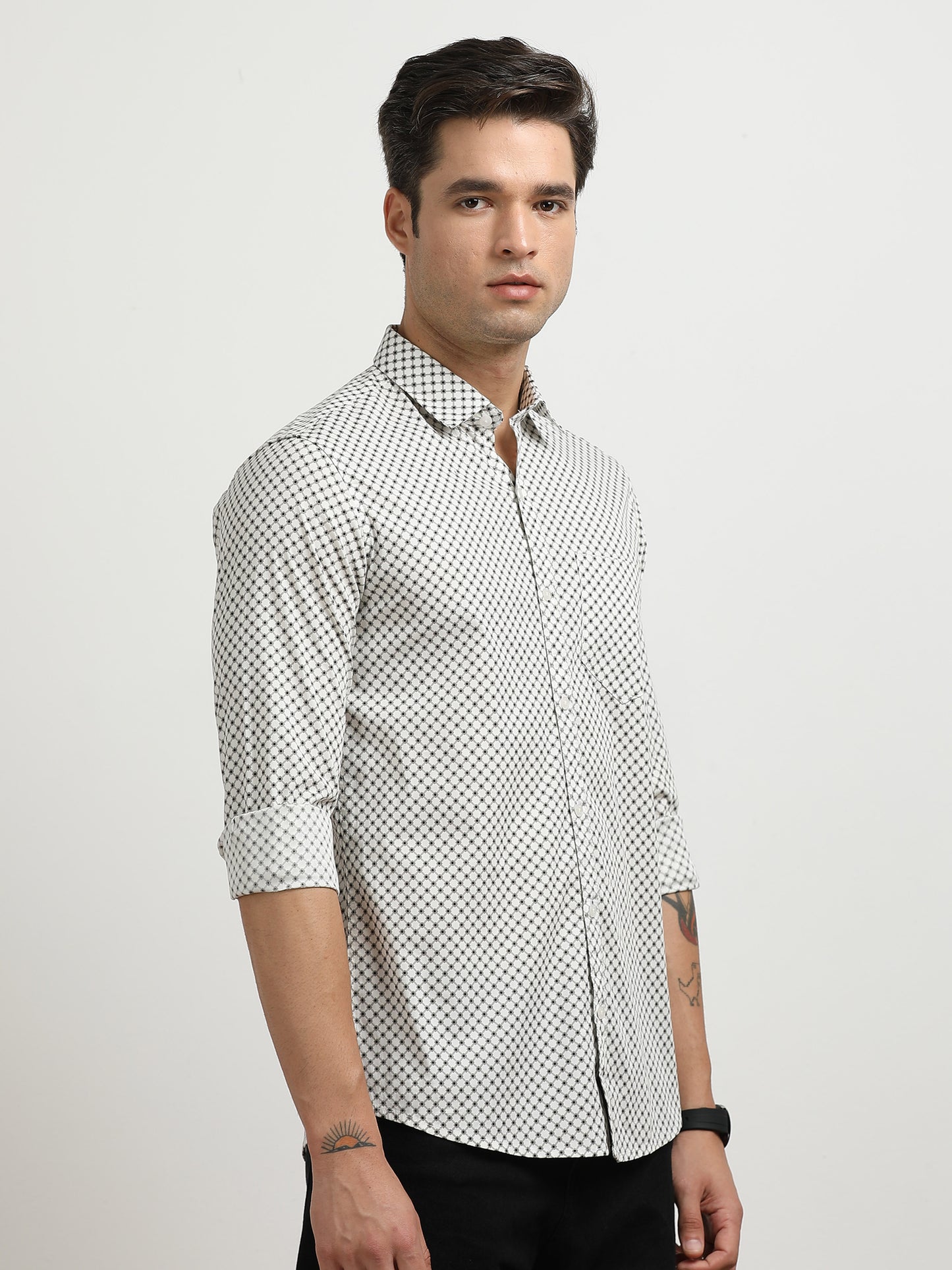 Men’s White & Black Geometric Printed Slim Fit Casual Shirt By Black Thread