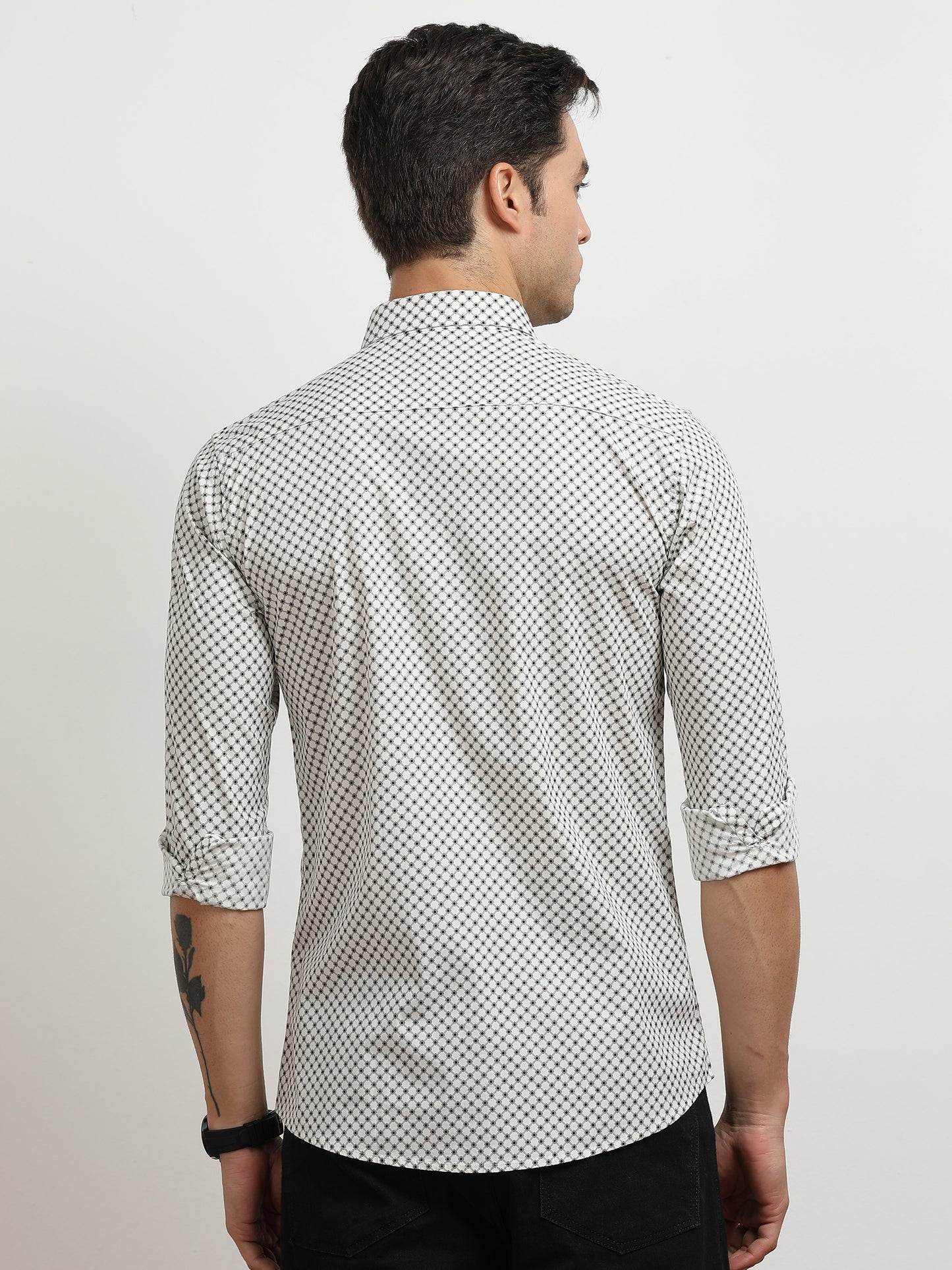 Men’s White & Black Geometric Printed Slim Fit Casual Shirt By Black Thread