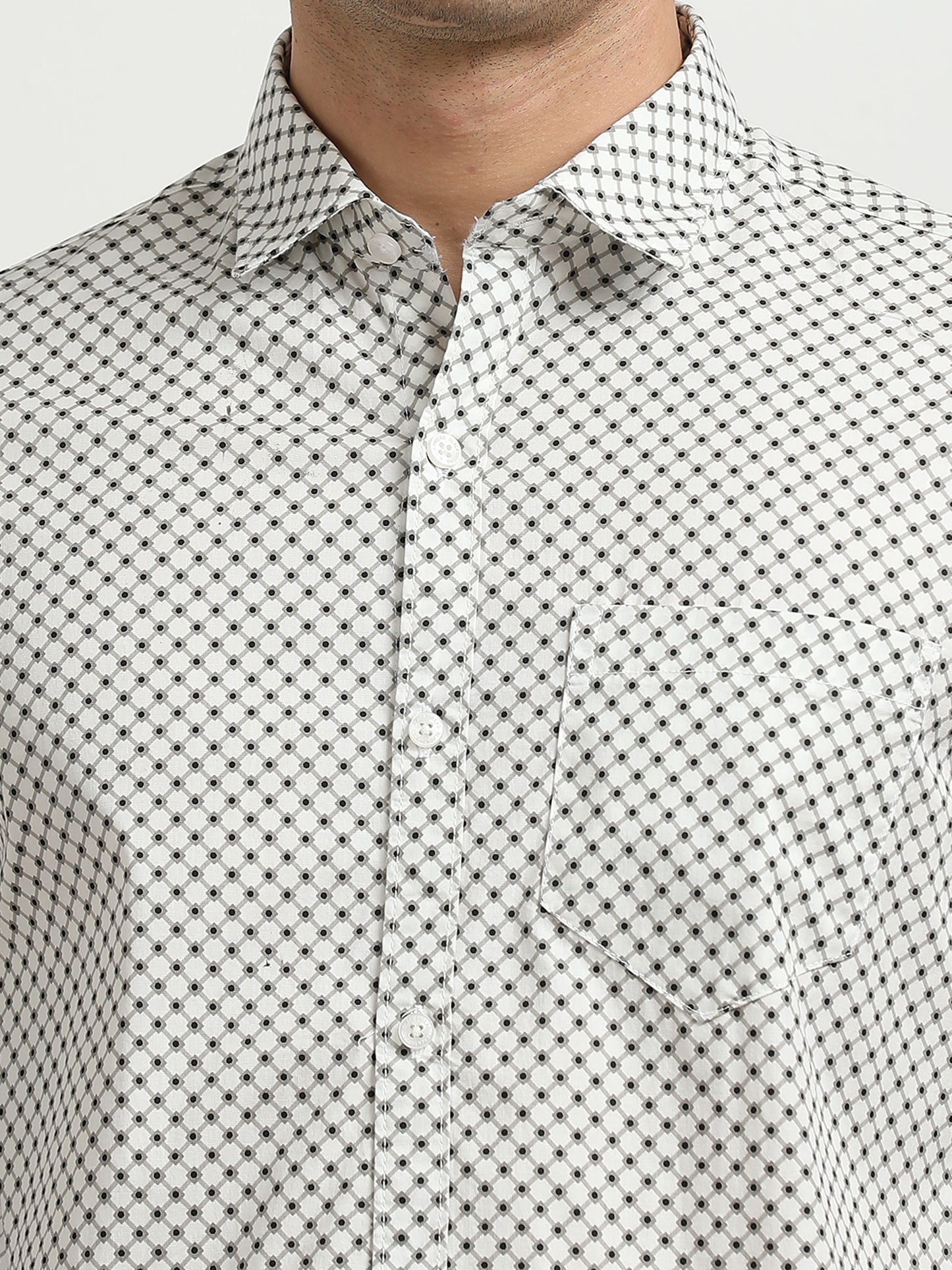 Men’s White & Black Geometric Printed Slim Fit Casual Shirt By Black Thread