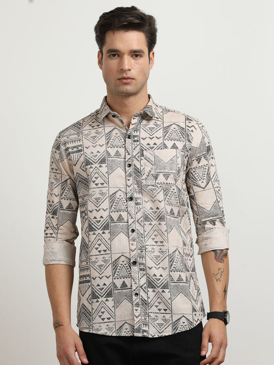Men’s Beige & Black Tribal Printed Slim Fit Casual  By Black Thread