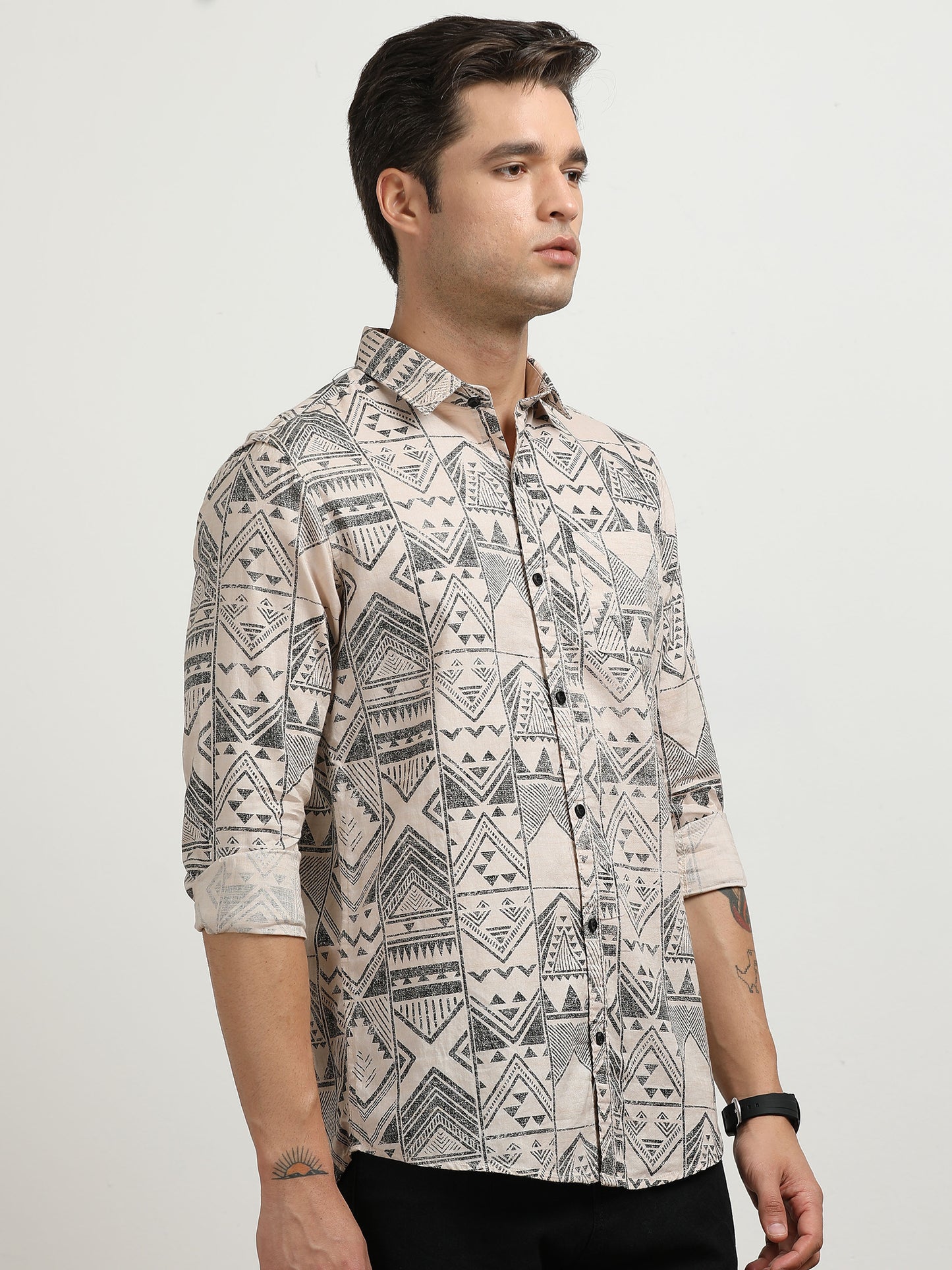 Men’s Beige & Black Tribal Printed Slim Fit Casual  By Black Thread