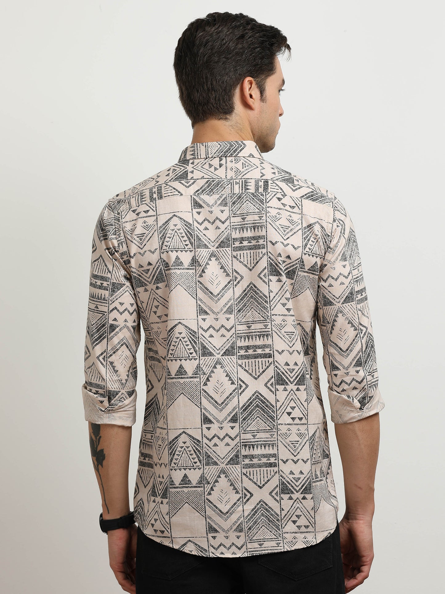 Men’s Beige & Black Tribal Printed Slim Fit Casual  By Black Thread