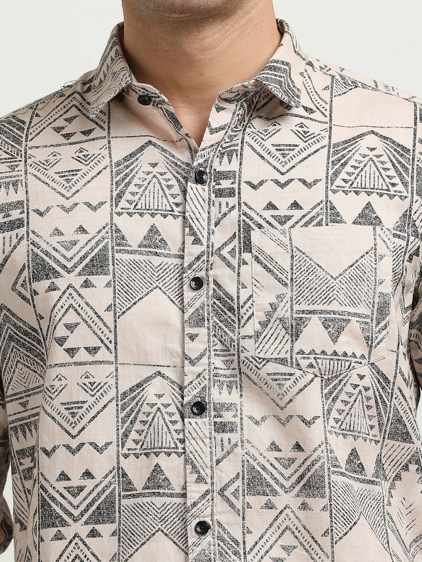 Men’s Beige & Black Tribal Printed Slim Fit Casual  By Black Thread