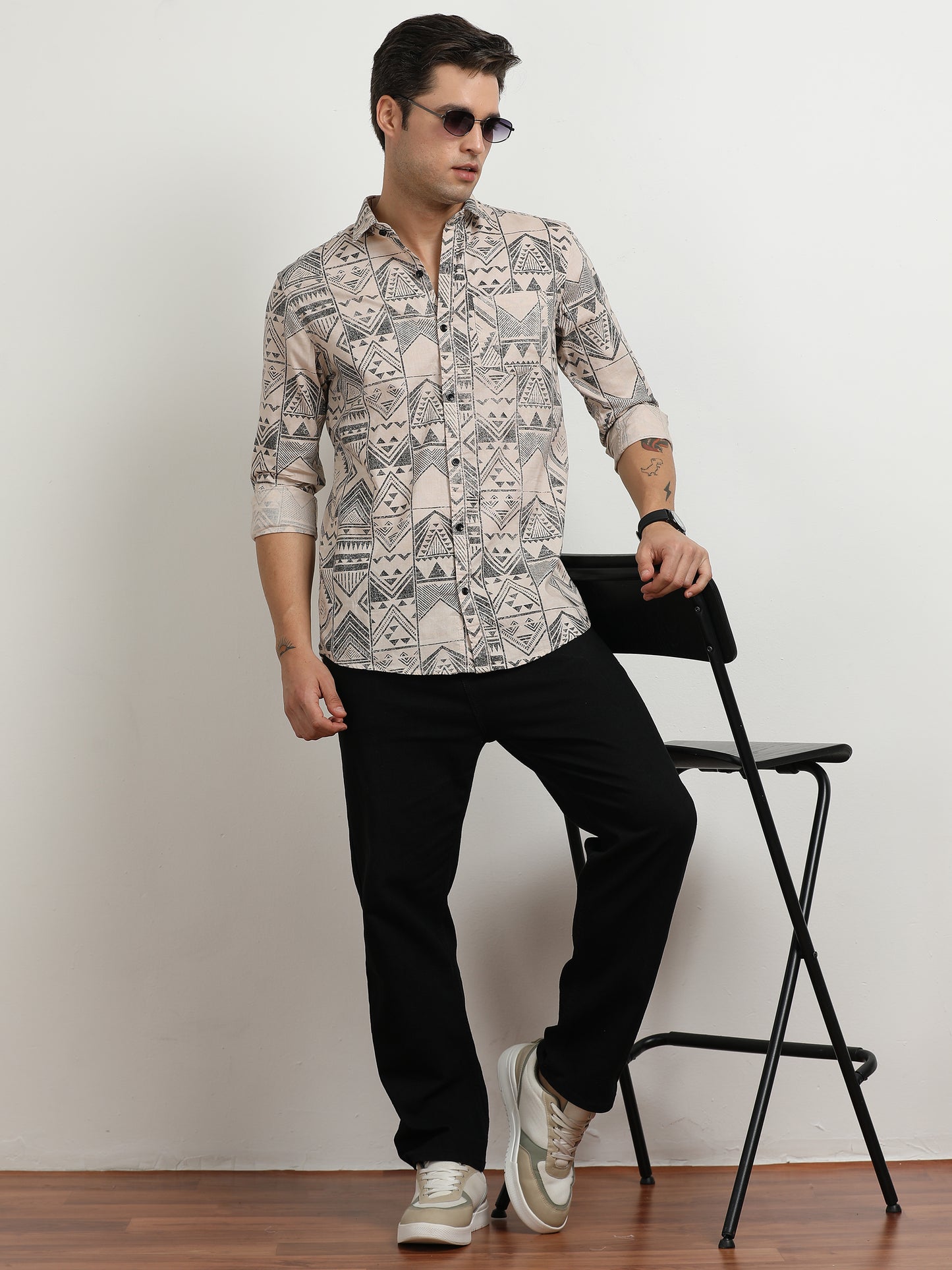Men’s Beige & Black Tribal Printed Slim Fit Casual  By Black Thread