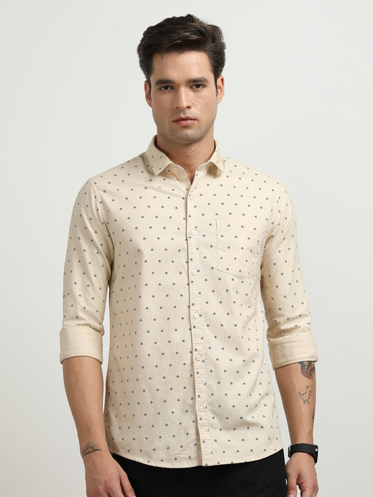 Men’s Beige Micro Printed Slim Fit Casual Shirt By Black Thread